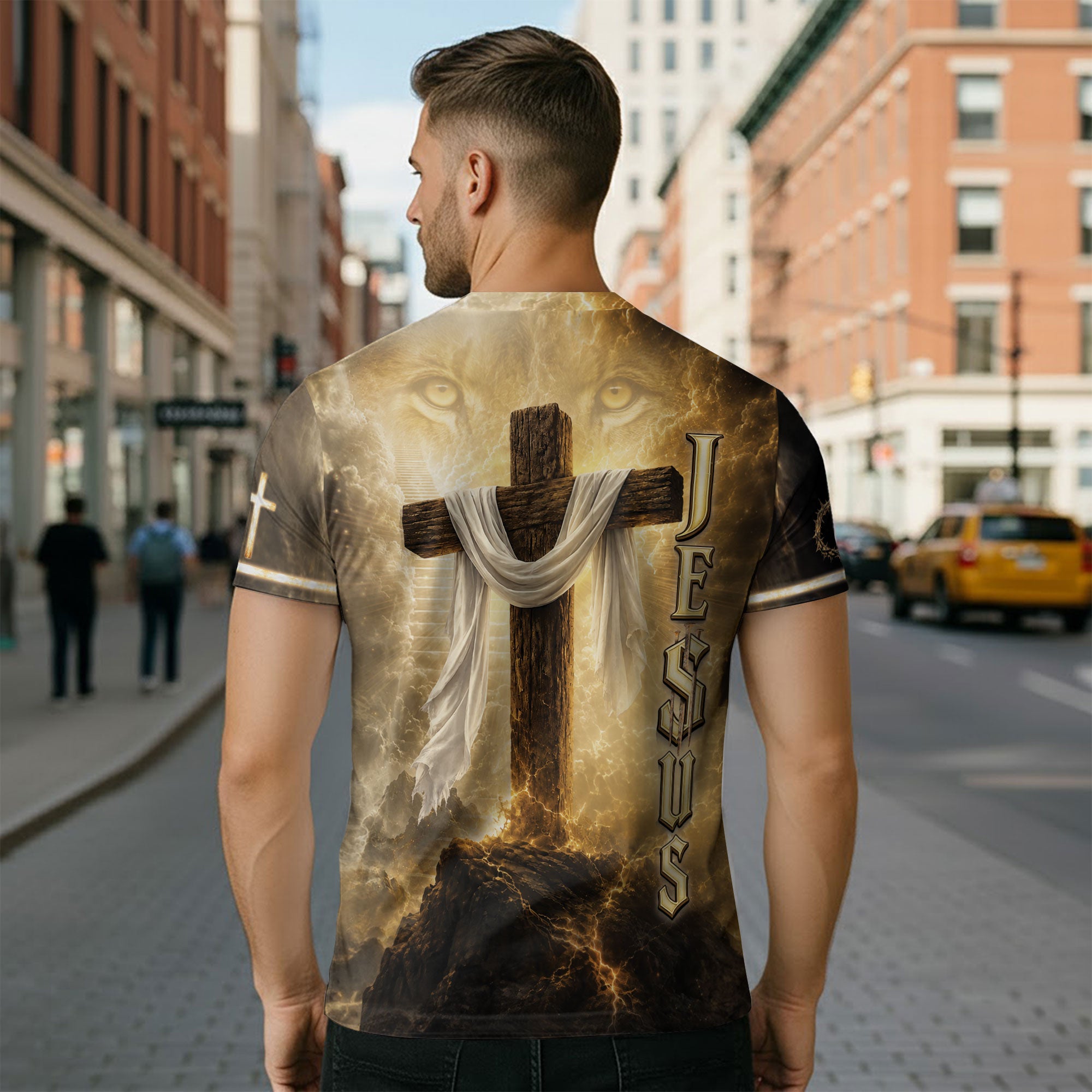 Faith Over Fear Jesus Shirt Christian Lion Cross 3D All Over Print Graphic Men Tee Shirt