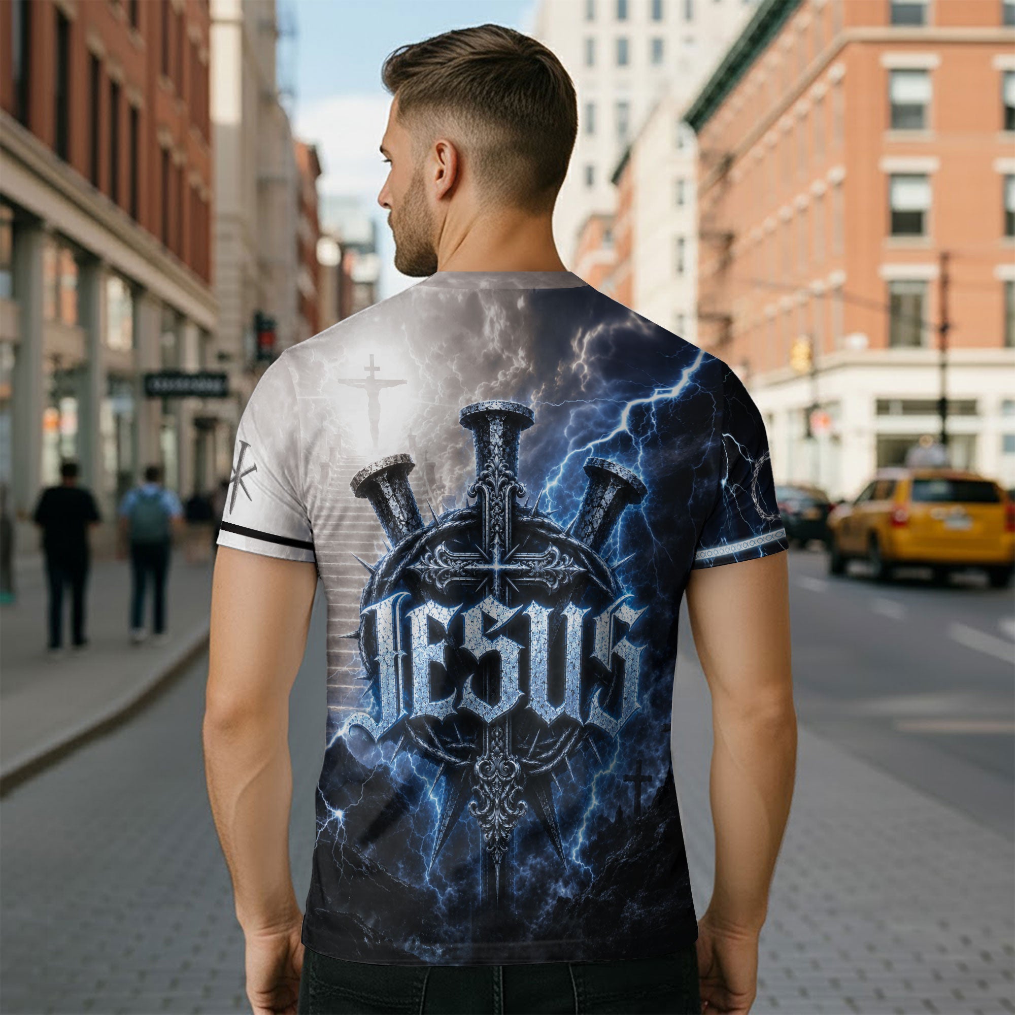 Faith Over Fear Jesus Shirt Blue Lightning Lion Cross 3D All Over Print Christian Men Apparel