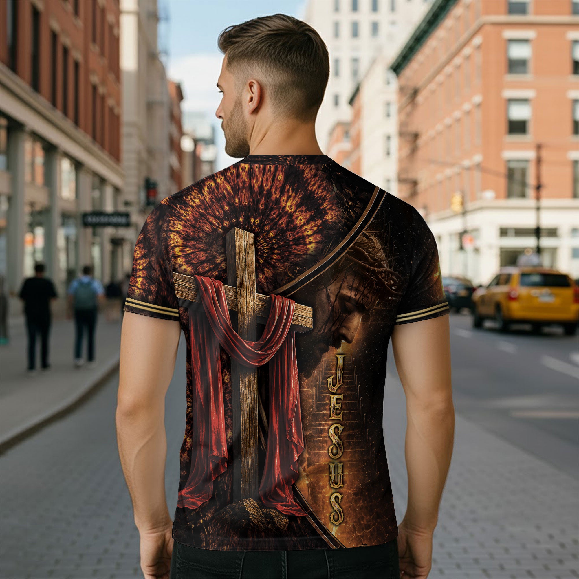 Faith Over Fear Lion Cross Christian Jesus Golden Graphic - Christian Tee Shirts, Christian Shirts for Men - Rust Field Wear