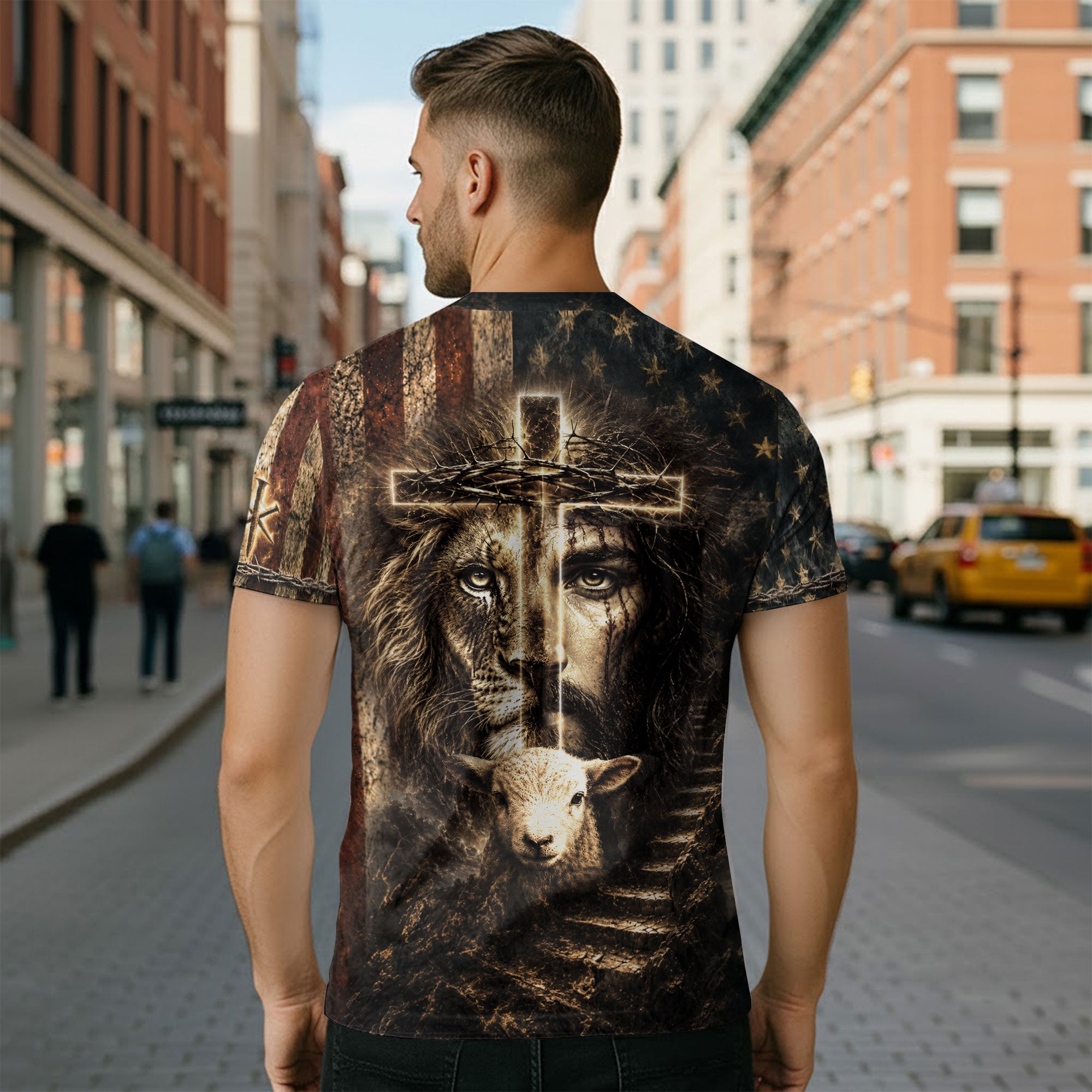 Faith Over Fear Cross Flag Lamb Christian Patriotic Graphic - Christian Shirts for Men, Christian Tee Shirts - Rust Field Wear