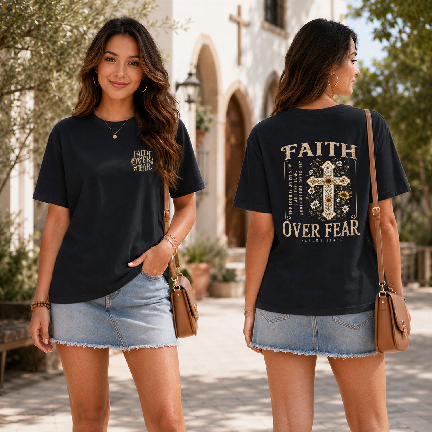 Faith Over Fear Shirt Women Christian Floral Cross T-Shirt Bible Verse Tee Comfort Colors