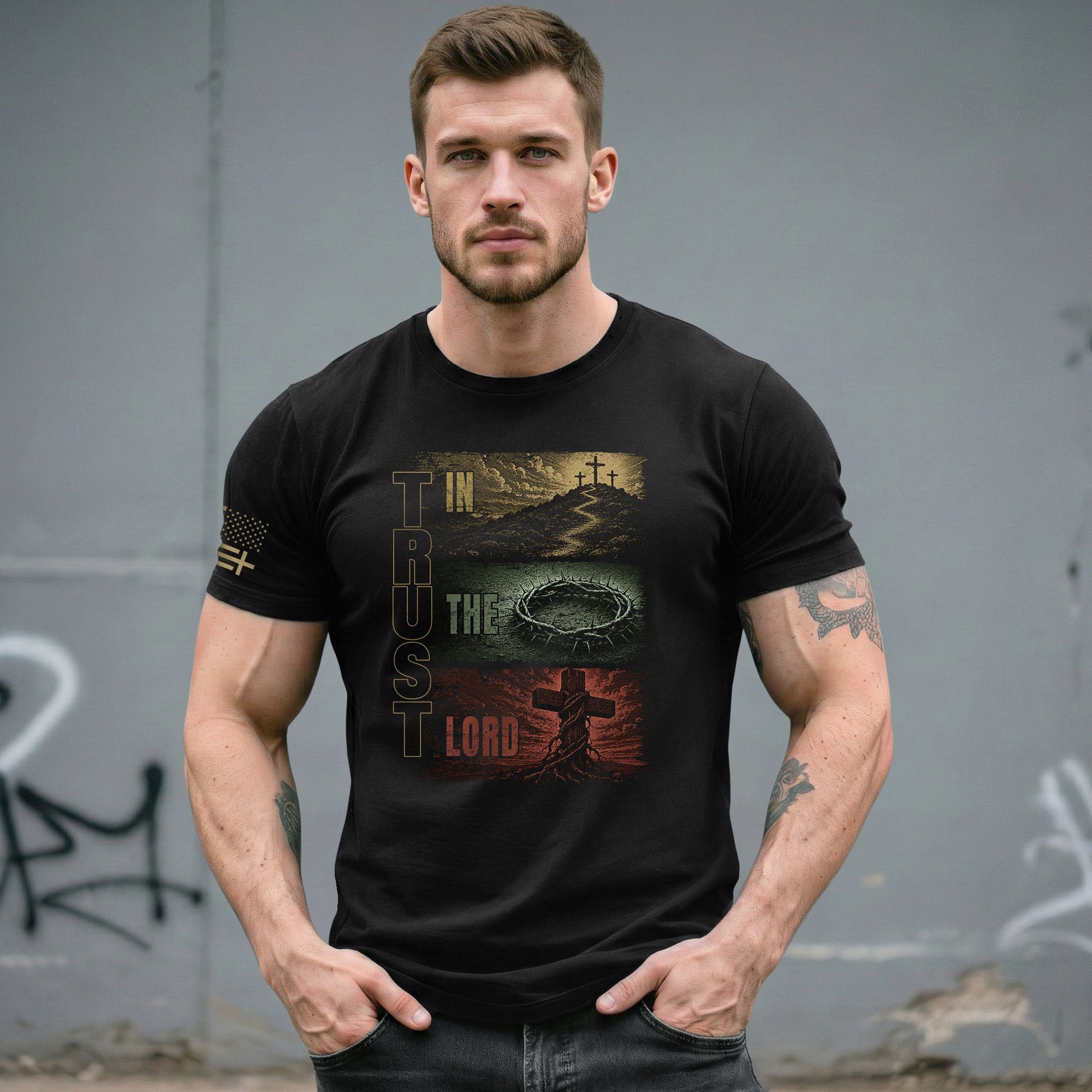 Trust In The Lord Shirt Mens Christian Calvary Cross Crown Thorns Religious Tee - Rust Field Wear