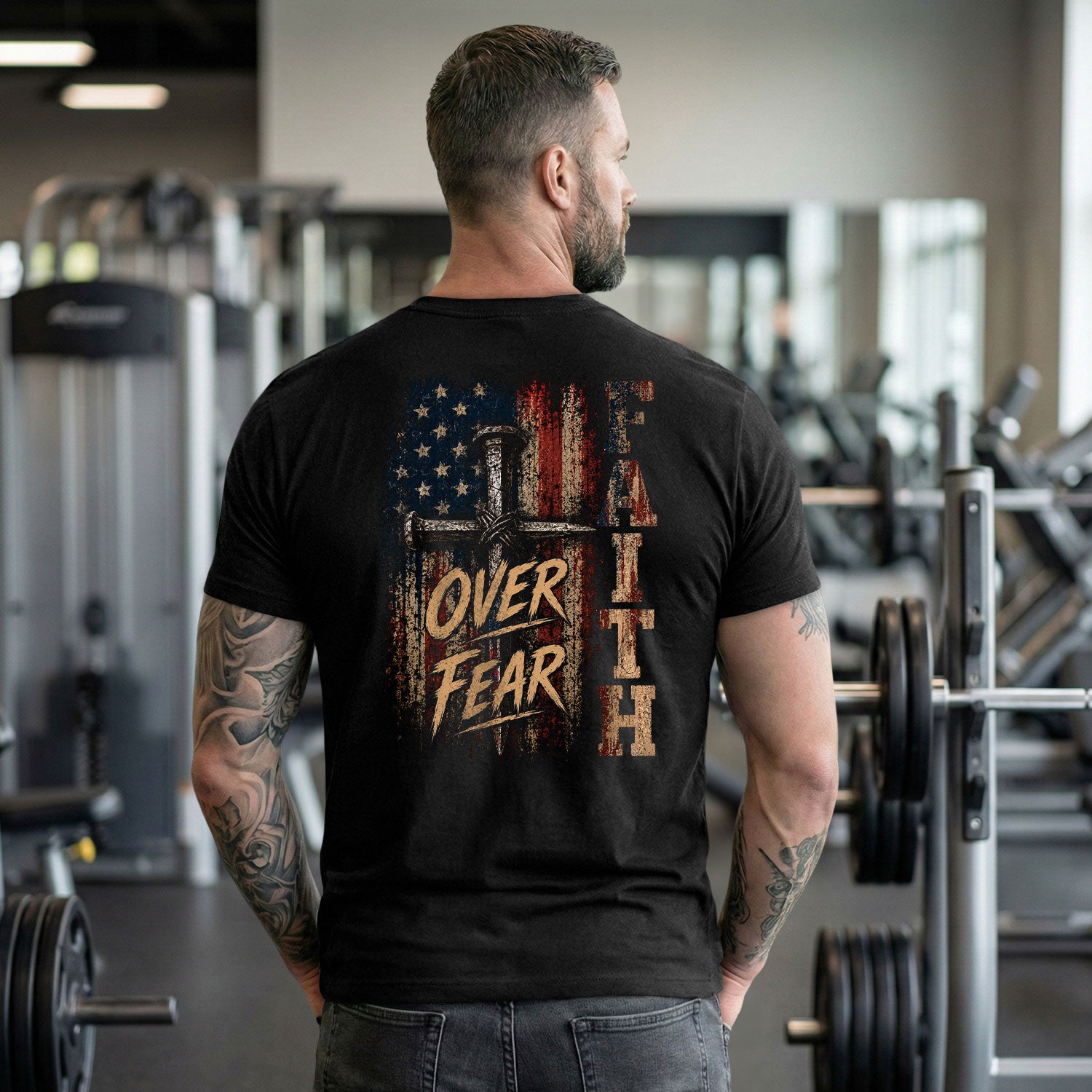 Faith Over Fear Nail Cross USA Flag Christian Graphic Tee Shirt For Men Clothing - Rust Field Wear