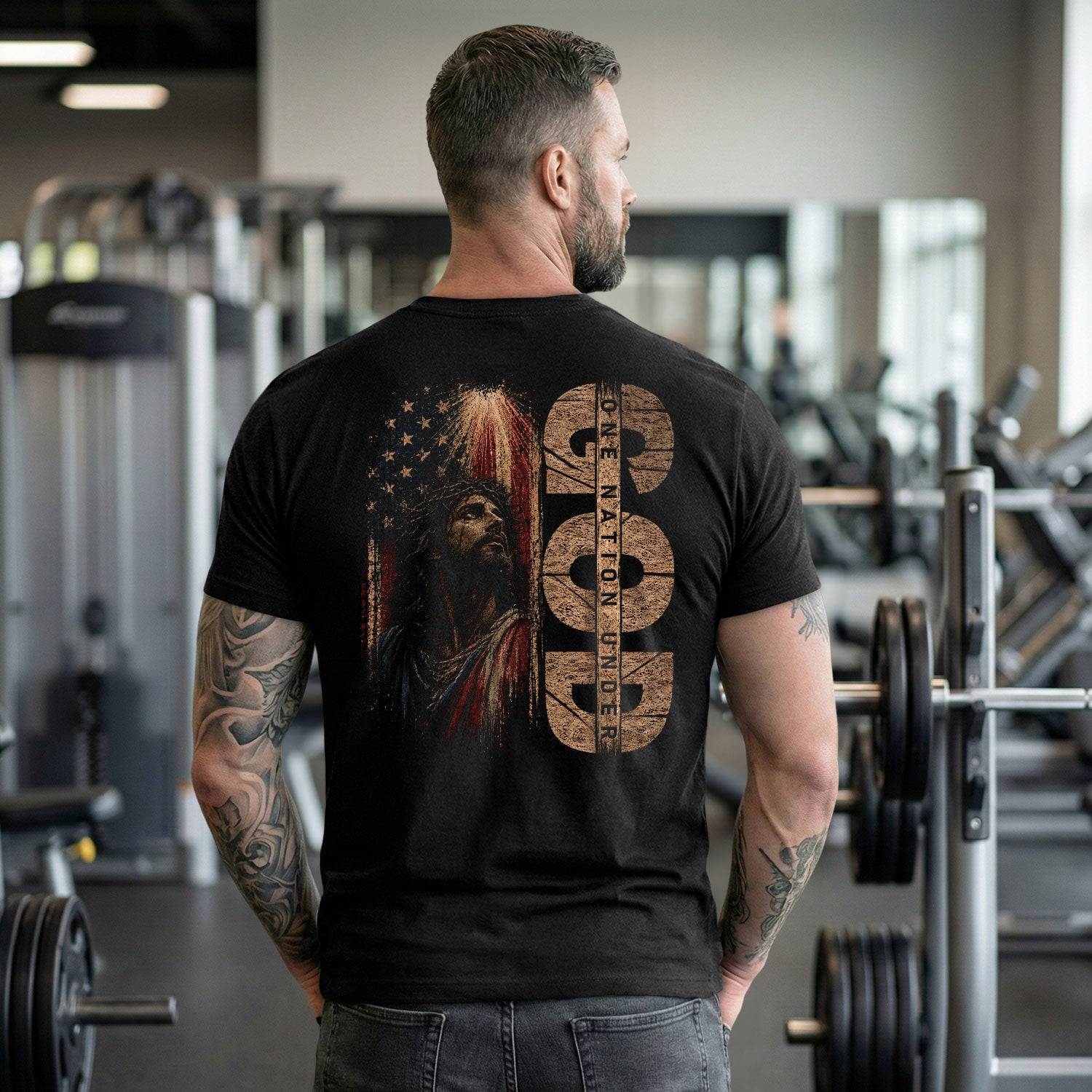 One Nation Under God Jesus USA Flag Christian Graphic Tee Shirt Men Faith Apparel - Rust Field Wear