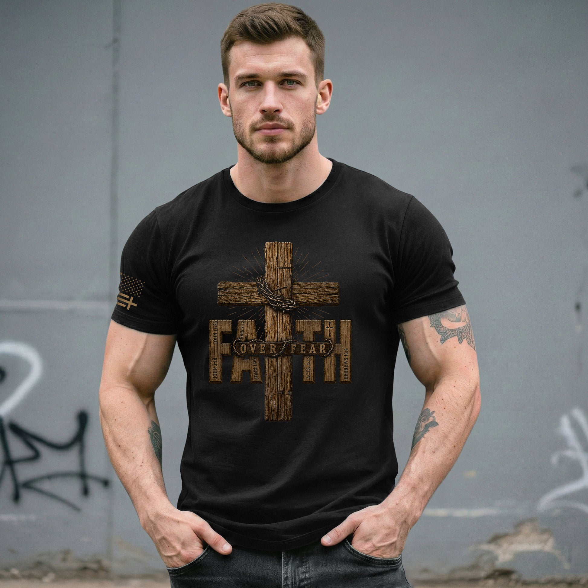 Faith Over Fear Wood Cross Scripture Christian Graphic Tee Shirt For Men Apparel - Rust Field Wear