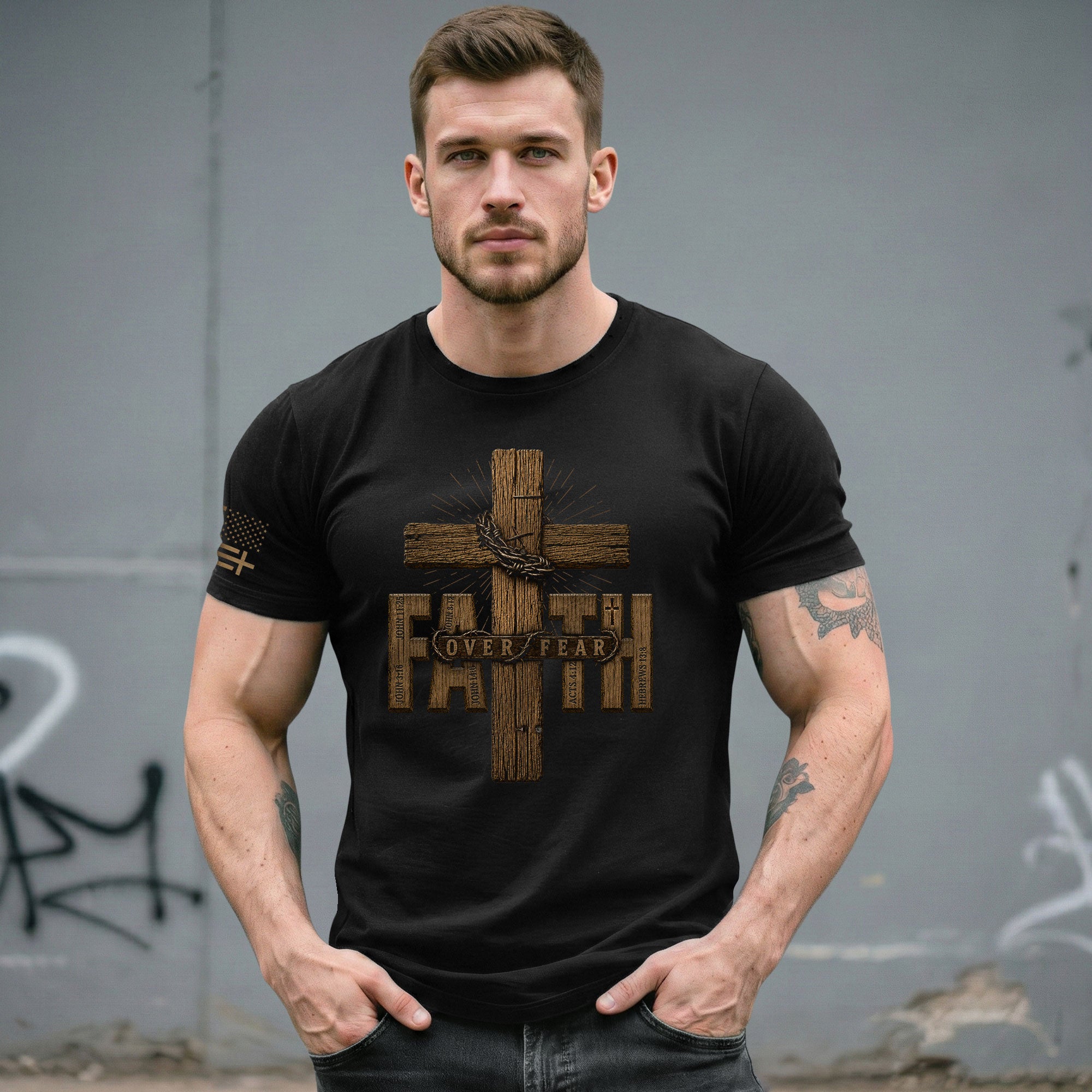 Faith Over Fear Wood Cross Scripture Christian Graphic Tee Shirt For Men Apparel - Rust Field Wear