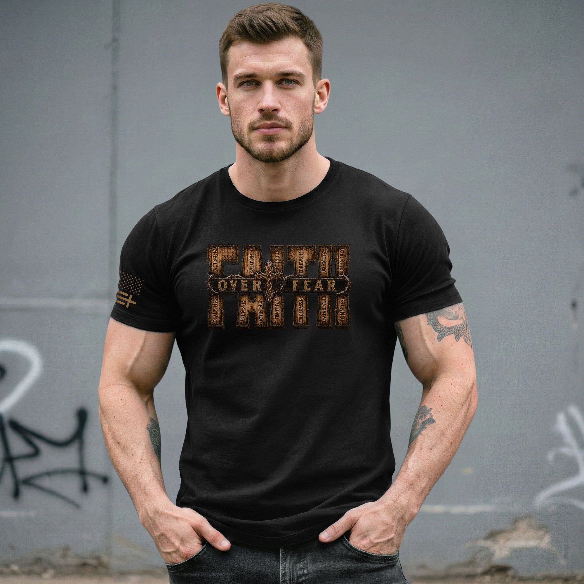 Faith Over Fear Wood Letters Scripture Christian Graphic Tee Shirt For Men Apparel - Rust Field Wear
