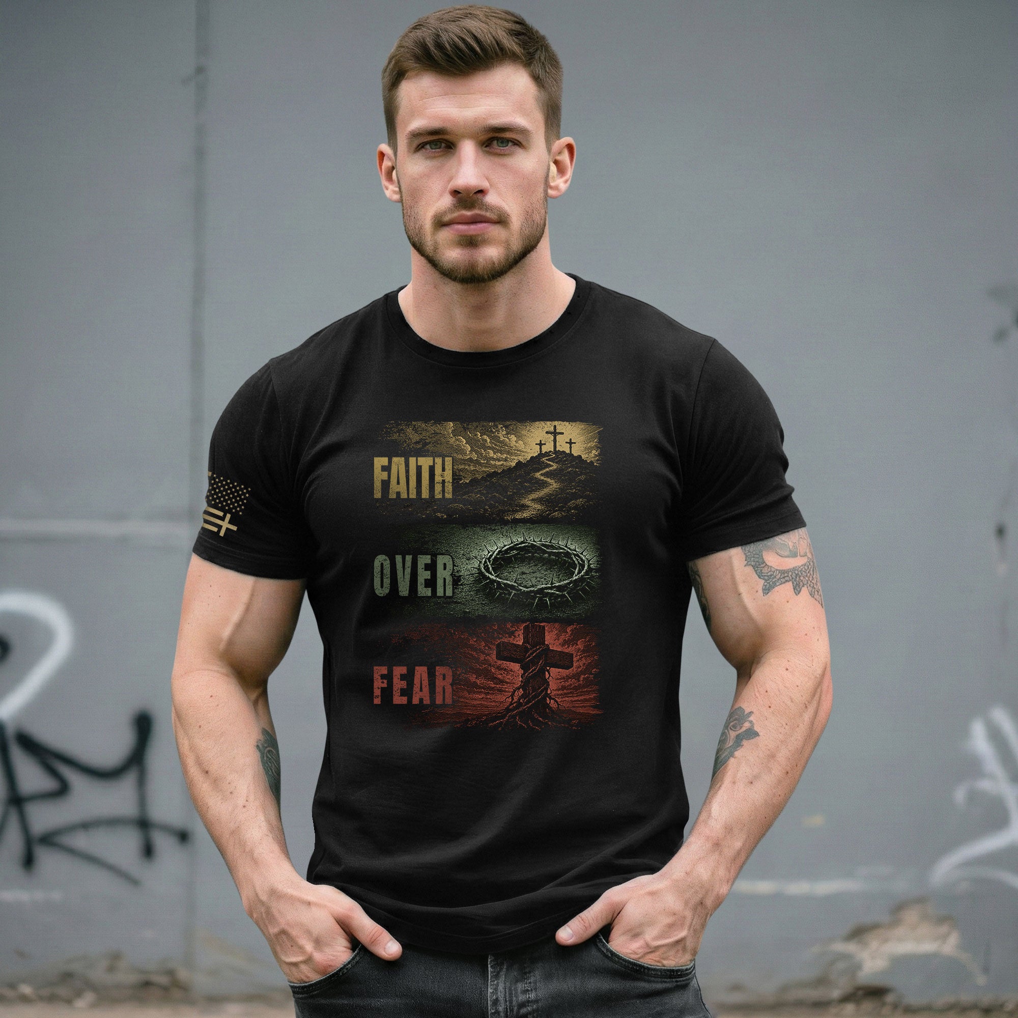 Faith Over Fear Three Panel Cross Crown Of Thorns Christian Graphic Tee Shirt For Men - Rust Field Wear