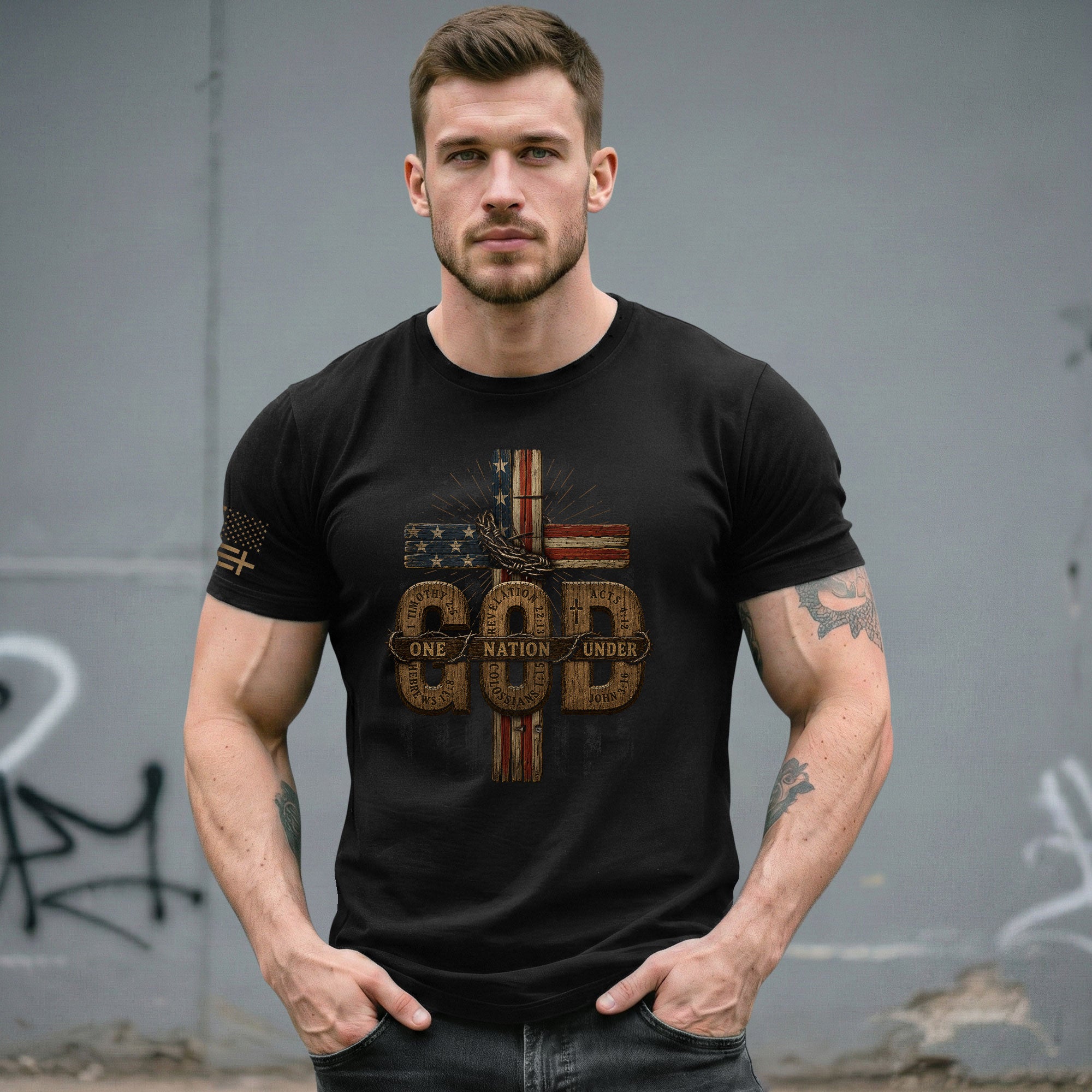 One Nation Under God USA Flag Cross Christian Graphic Tee Shirt For Men Faith Wear - Rust Field Wear