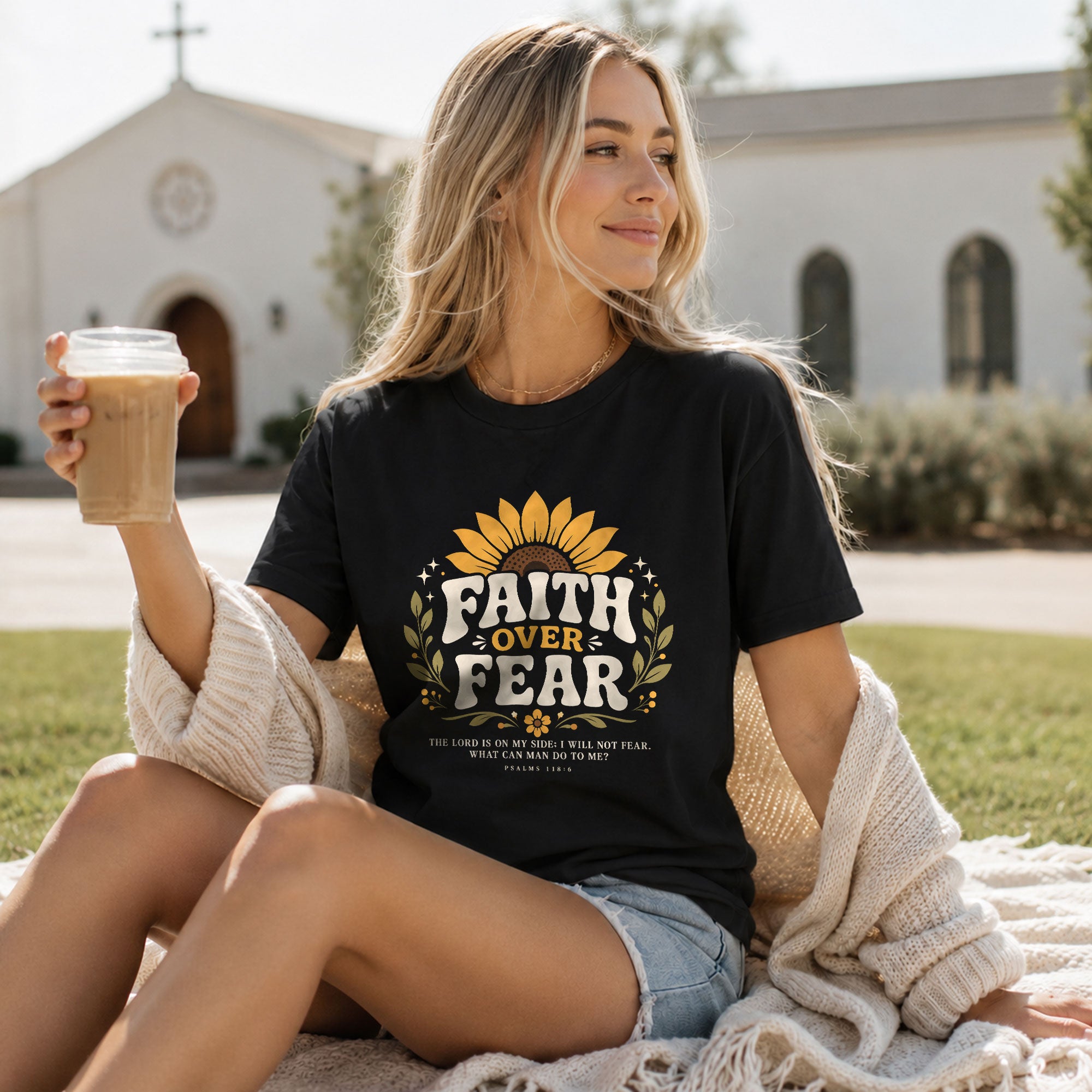 Faith Over Fear Sunflower Psalms Scripture Cute Blue Christian Tee For Women Apparel