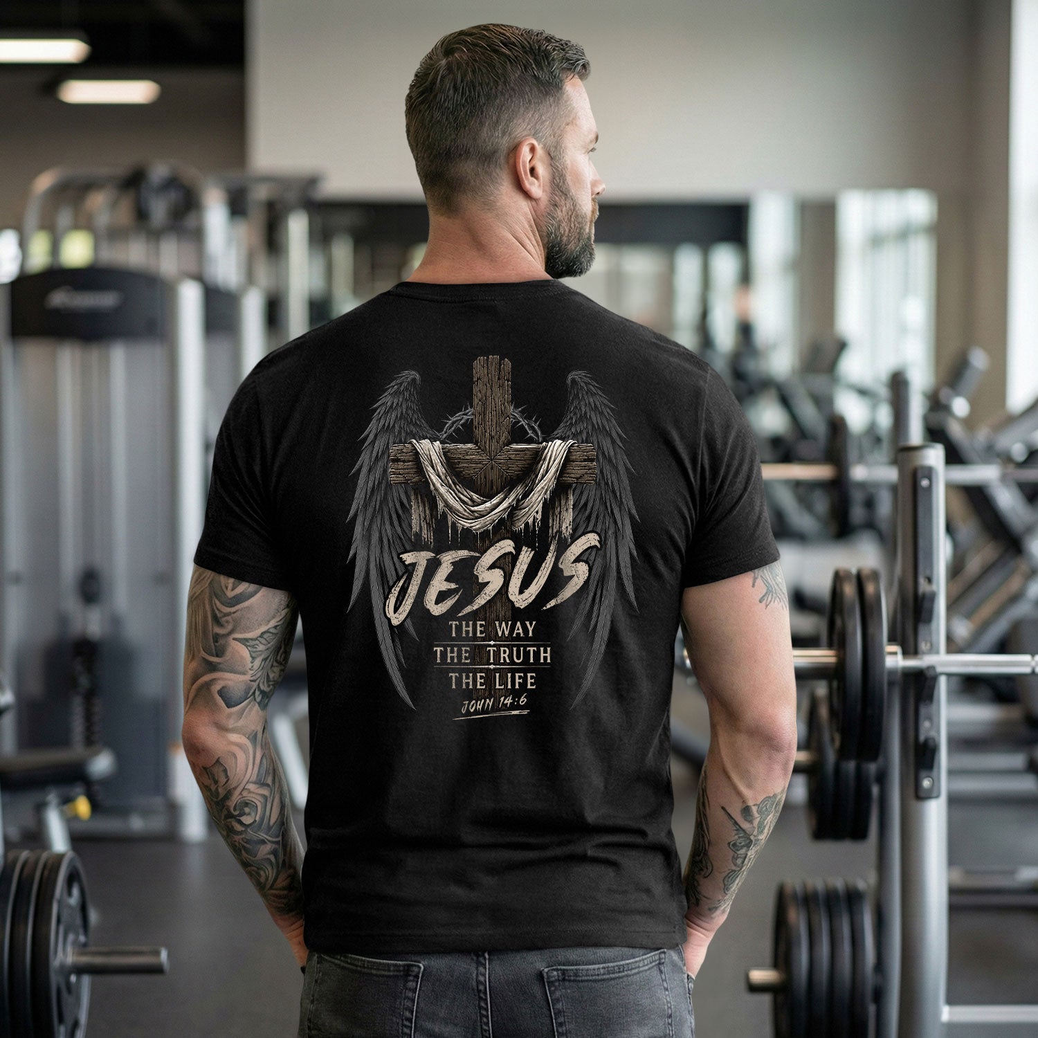 Jesus Shirt The Way The Truth The Life Men T-Shirt Angel Wings Cross Christian Faith Tee