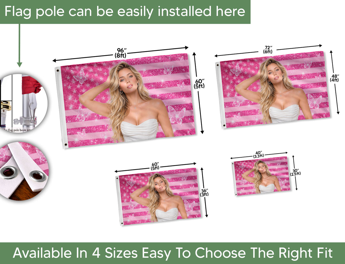 Custom American Photo Flag Pink Glitter American Flag Personalised Butterfly USA Banner