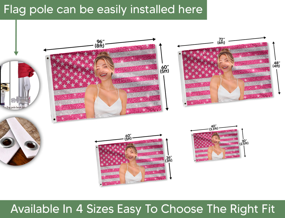 Custom Pink Rhinestone USA Flag Woman Dog Couple Friends Photo Banner Display Piece