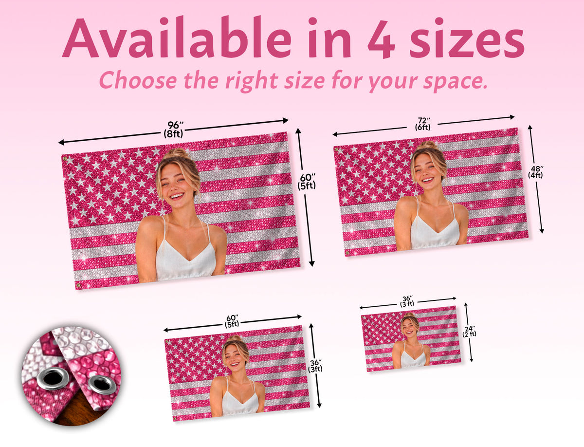 Pink Rhinestone Portrait Photo Collage Custom Flag with Picture, Pink American Flag Custom, Pink Flag Custom, Rustfield Co. - Rust Field Wear