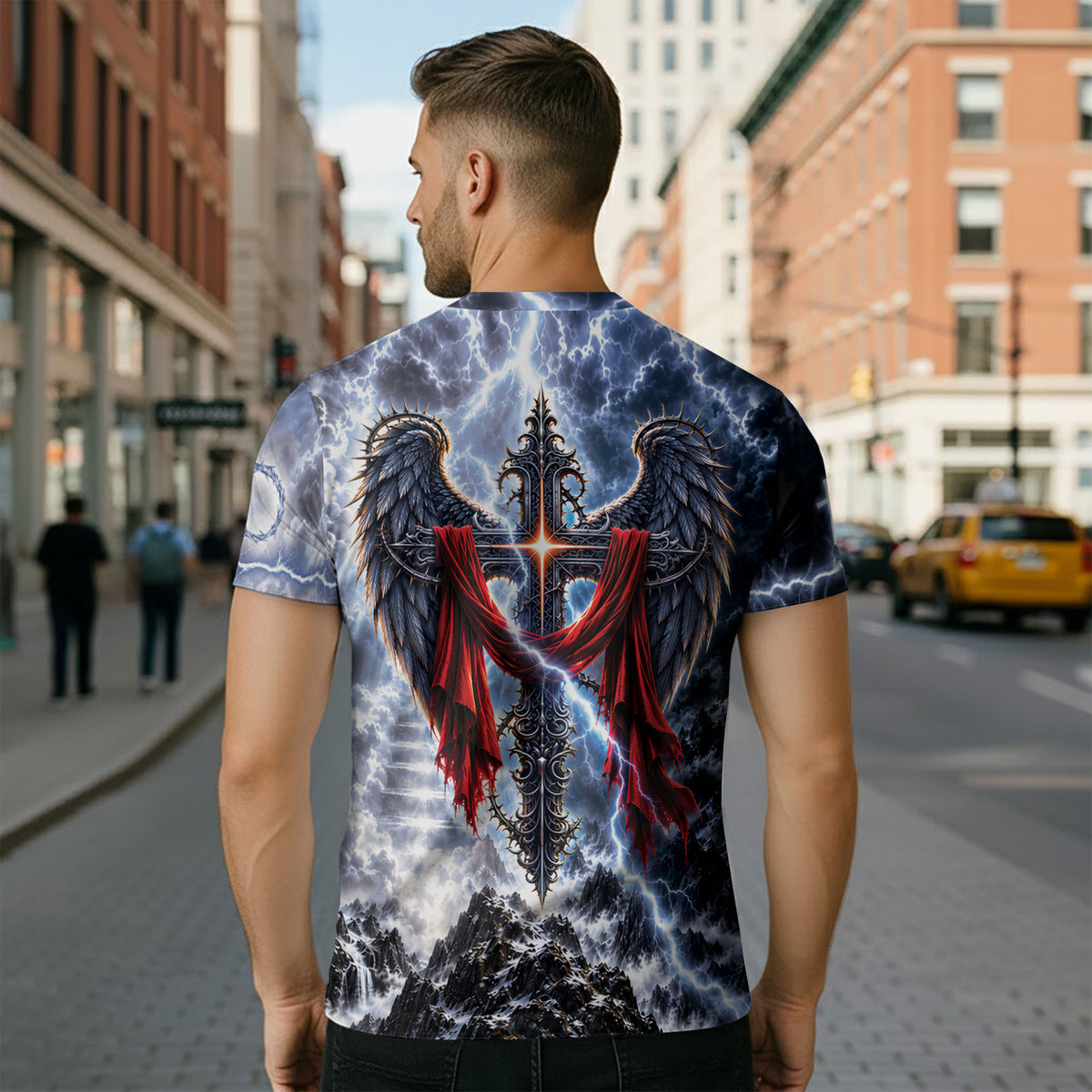Powerful Faith Over Fear Lion Cross Christian Graphic Apparel Shirt Top Garment Outfit