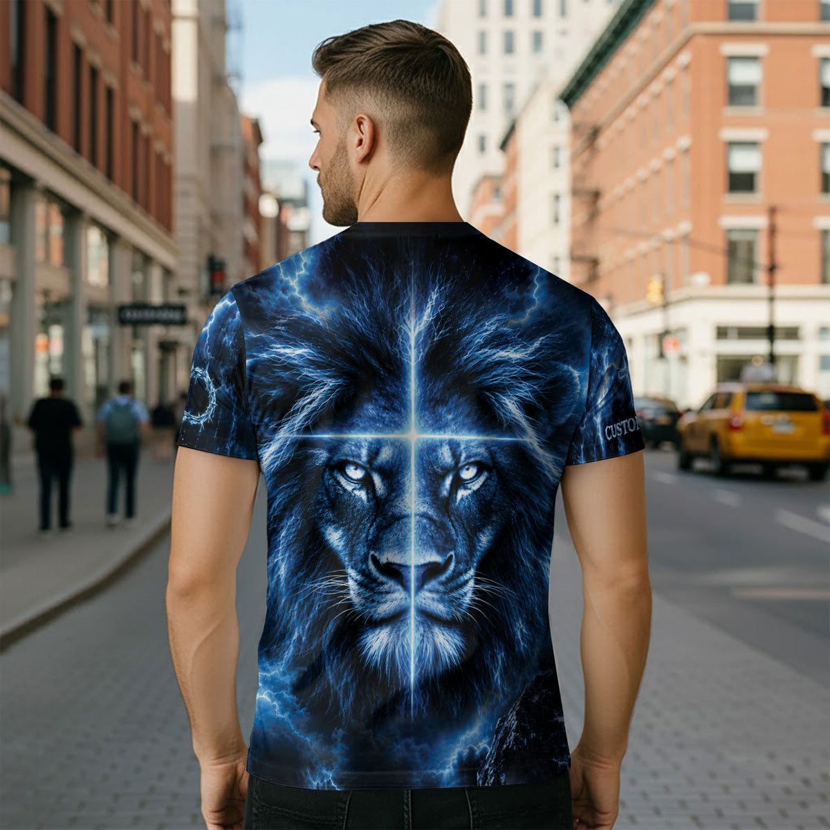 Christian T-Shirt Faith Over Fear Blue Lightning Jesus Lion Custom Name 3D All Over Print - Rust Field Wear