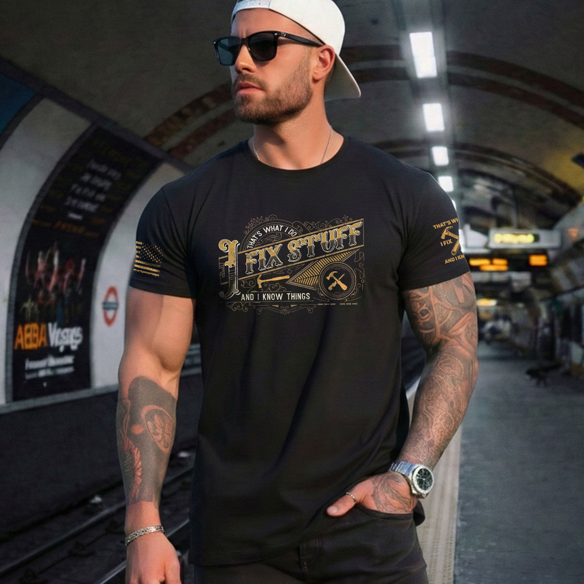 Vintage Filigree Quote Men T-Shirt I Fix Stuff And I Know Things Graphic Hammer Tee