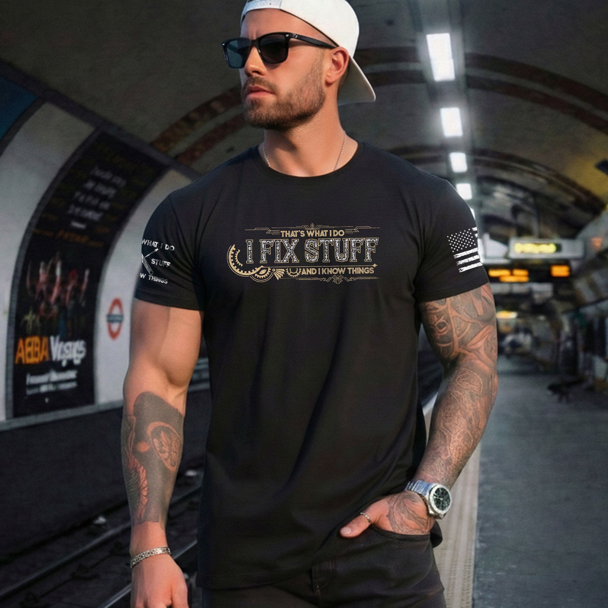 Mechanical Gear Line Quote Men T-Shirt I Fix Stuff And I Know Things Graphic Tee