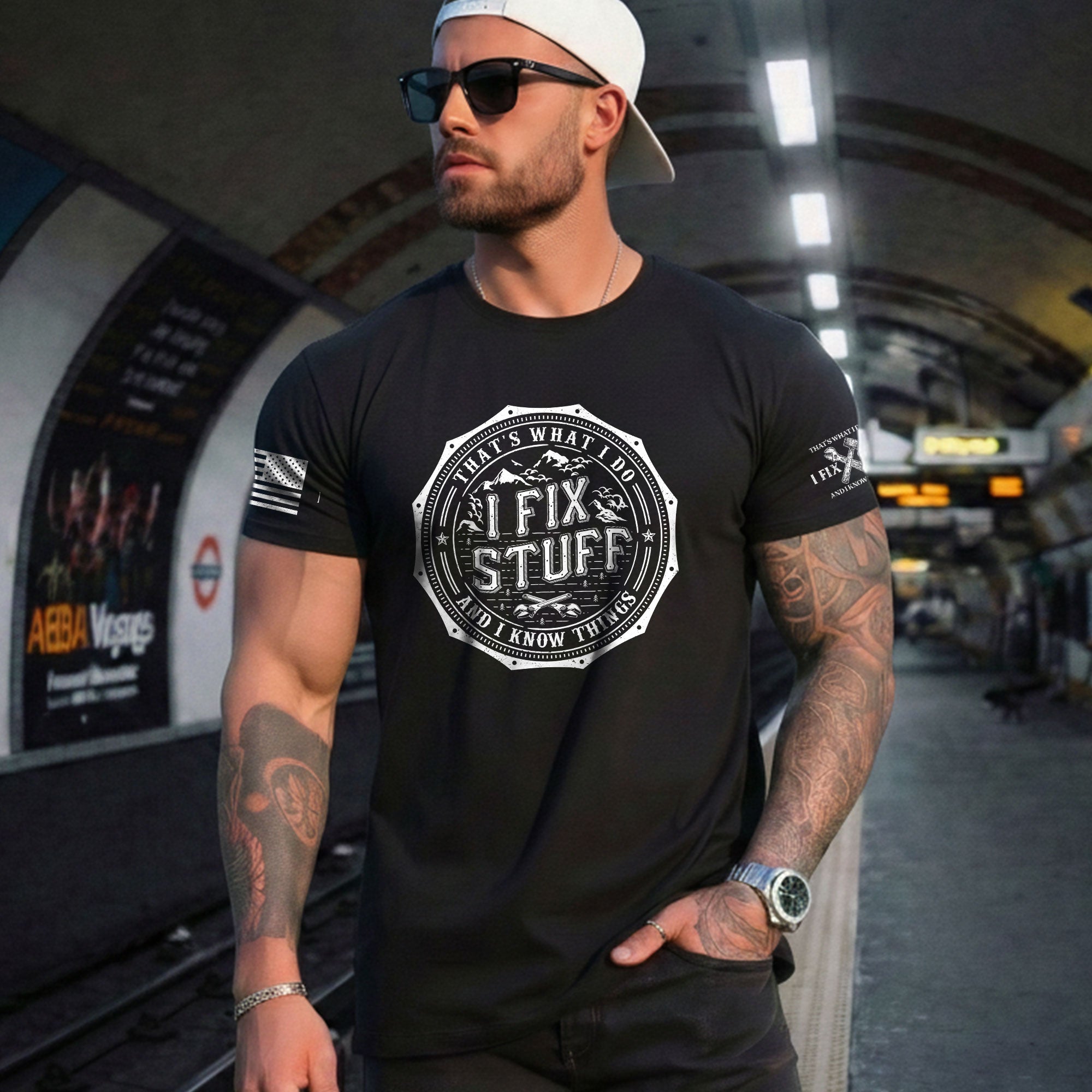 Men T-Shirt Graphic Octagon Badge I Fix Stuff And I Know Things Mountain Quote Tee