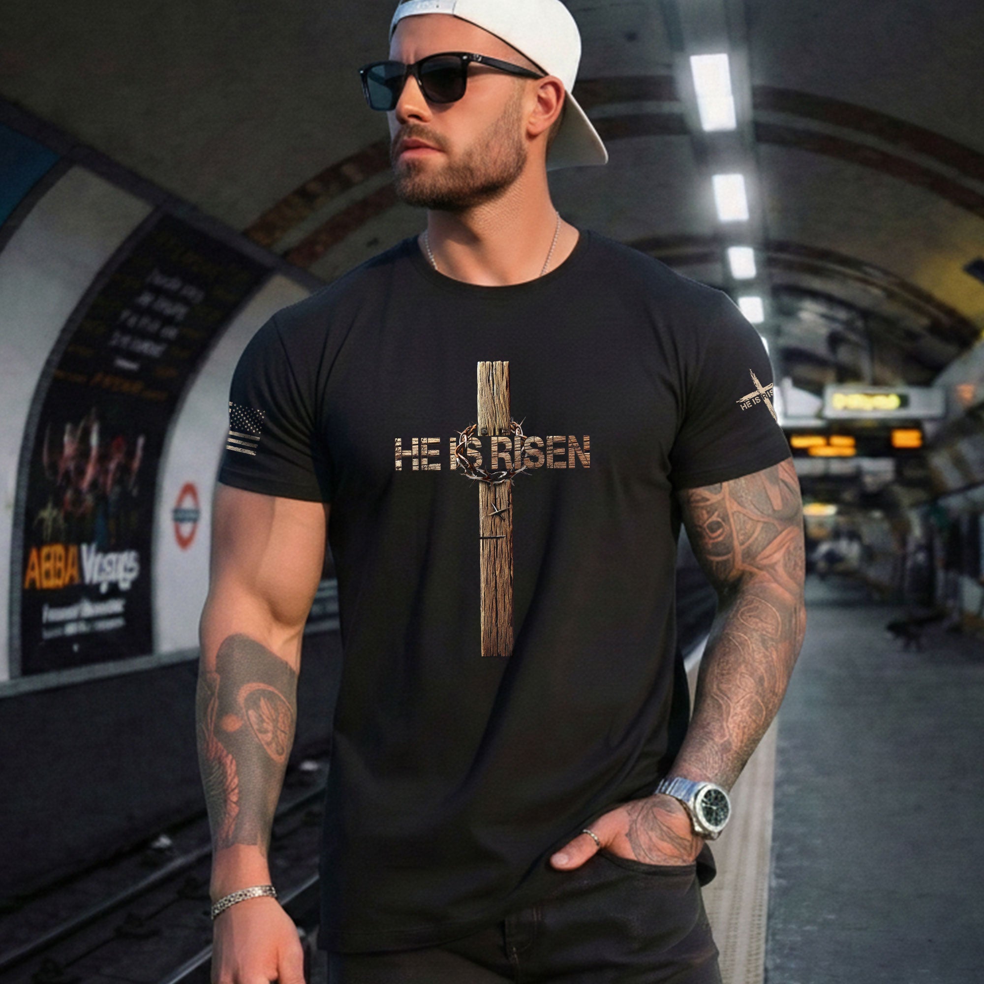 Christian Tee Shirts, He Is Risen Resurrection Cross - Christian Shirts for Men - Rust Field Wear