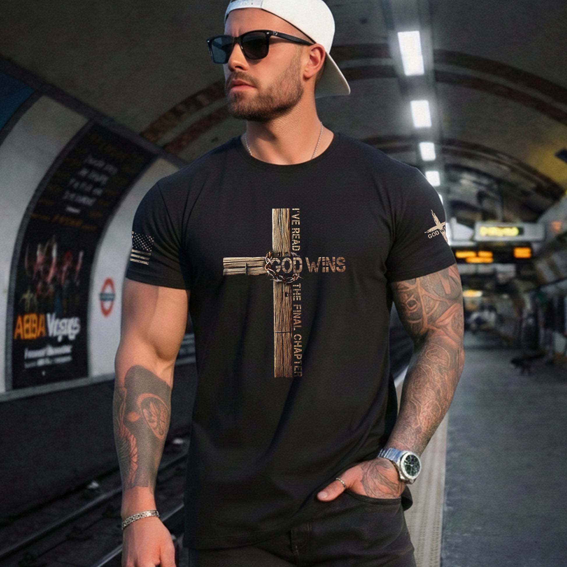 Faith Based Christian Tee Shirts, Victory in Christ God Wins Cross Design - Christian Shirts for Men - Rust Field Wear