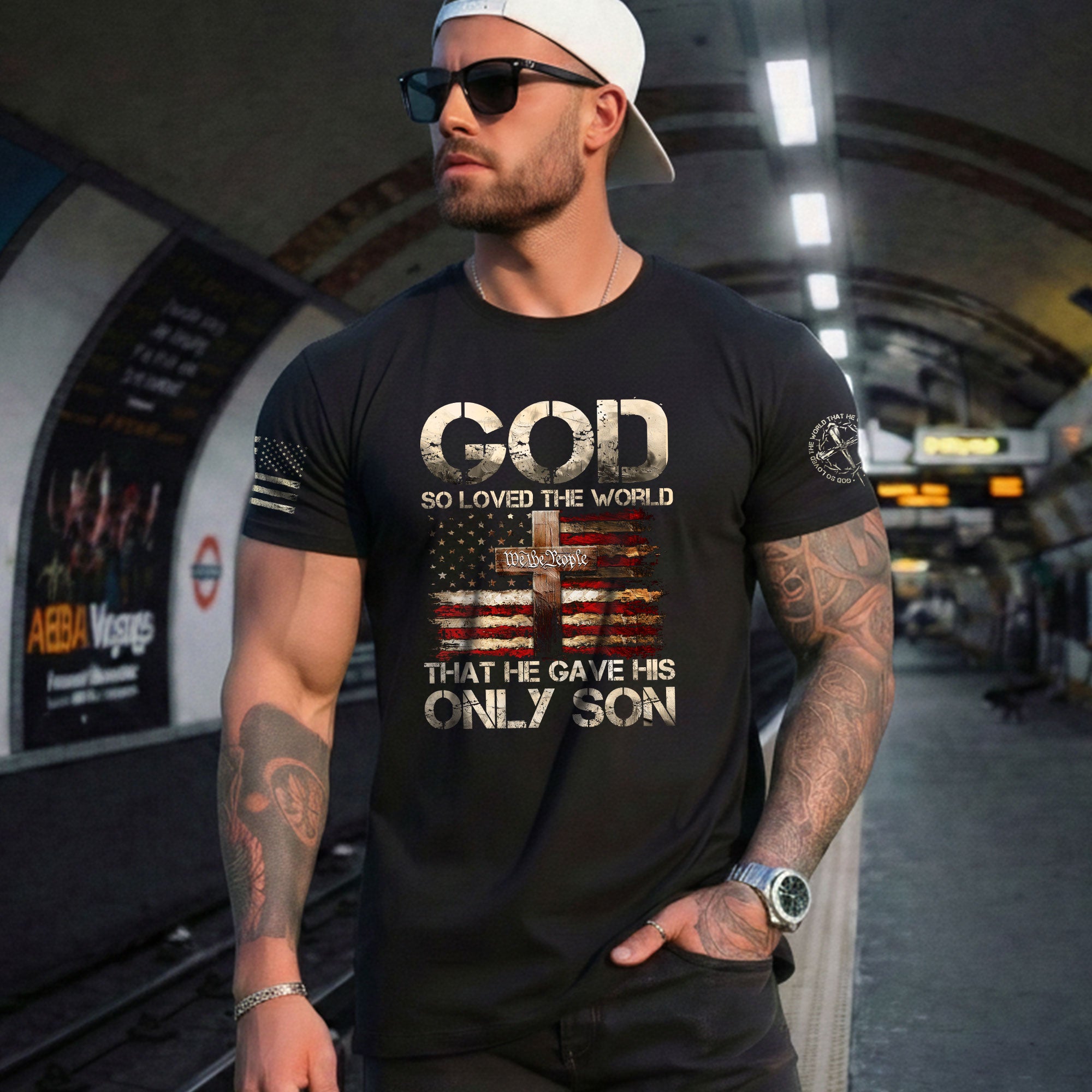 God So Loved The World Only Son Cross and Flag, Christian Tee Shirts - Faith Shirts for Men - Rust Field Wear