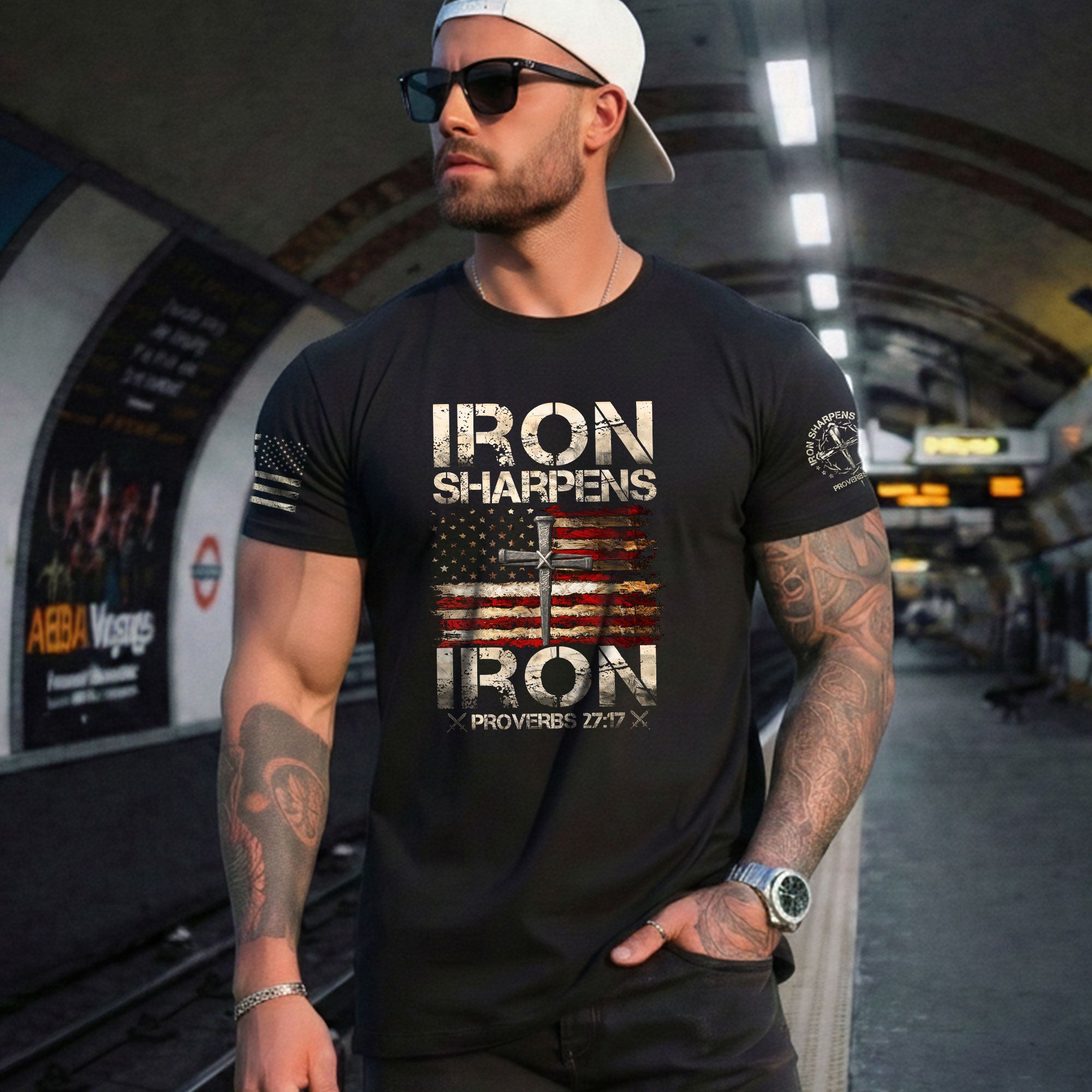 Iron Sharpens Iron Proverbs 27:17 Patriotic Christian - Christian Shirts for Men, Faith Based Christian Tee Shirts - Rust Field Wear