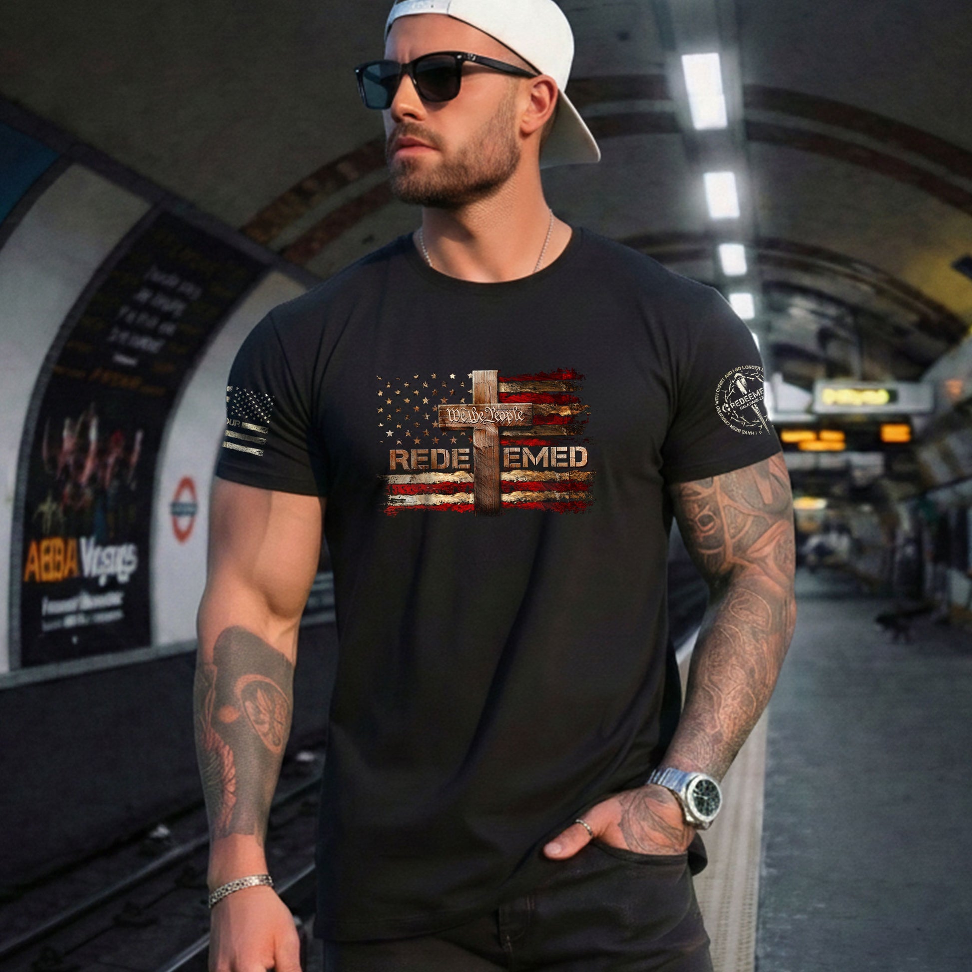 Christian Tee Shirts, Redeemed We The People Cross - Christian Shirts for Men - Rust Field Wear