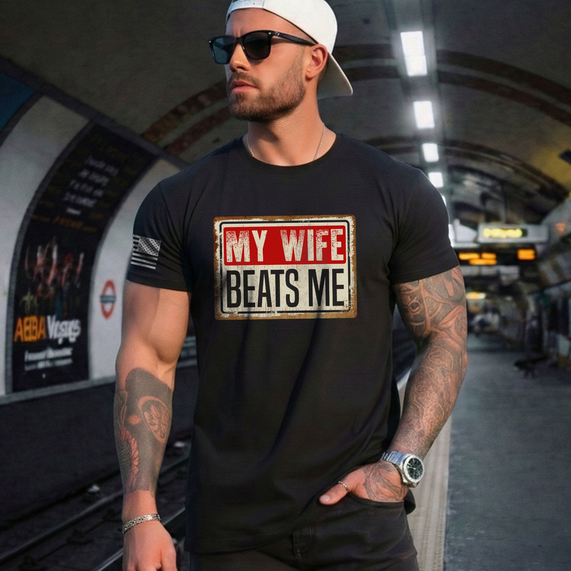 Funny Metal Sign Quote My Wife Beats Me Men Vintage Graphic Shirt Casual Novelty