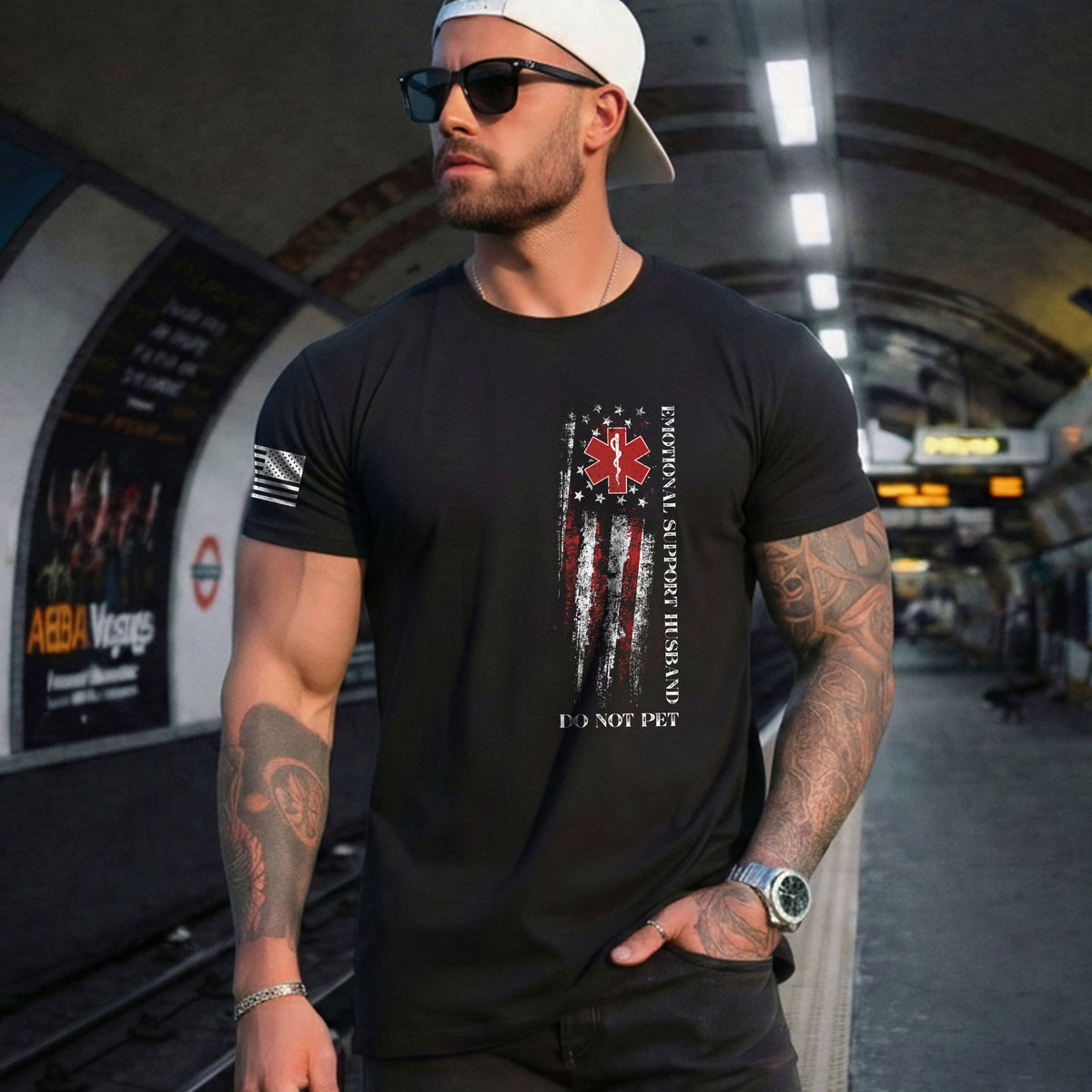 Funny Vertical Emotional Support Husband Flag Graphic Tee Shirt Casual Apparel Top