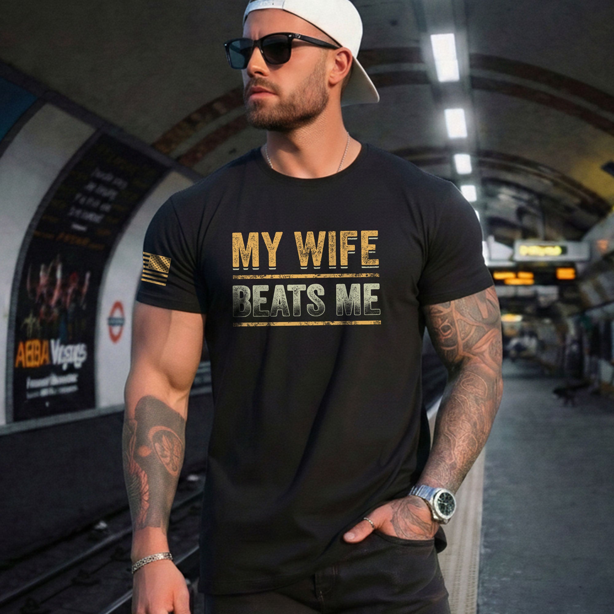 Funny Bold Lines Quote My Wife Beats Me Men Vintage Graphic Shirt Casual Novelty