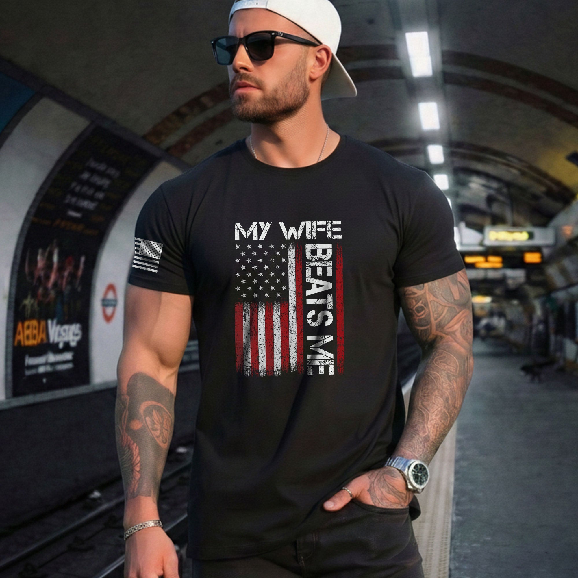 My Wife Beats Me Funny Joke Quote Men American Flag Graphic Shirt Casual Novelty Tee