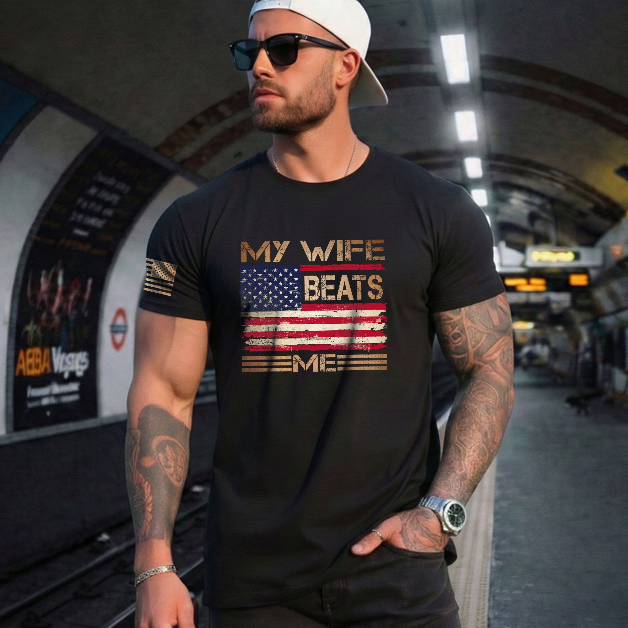 My Wife Beats Me Funny Joke Quote Men Patriotic Flag Graphic Shirt Casual Novelty