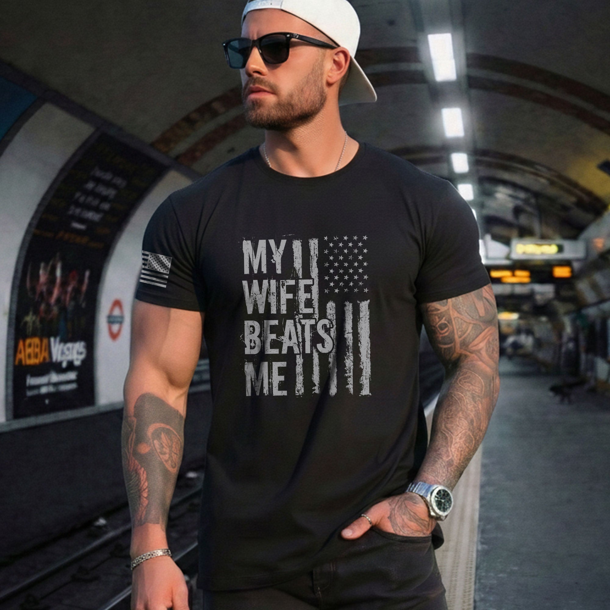 My Wife Beats Me Funny Joke Quote Men Monochrome Flag Graphic Shirt Casual Novelty