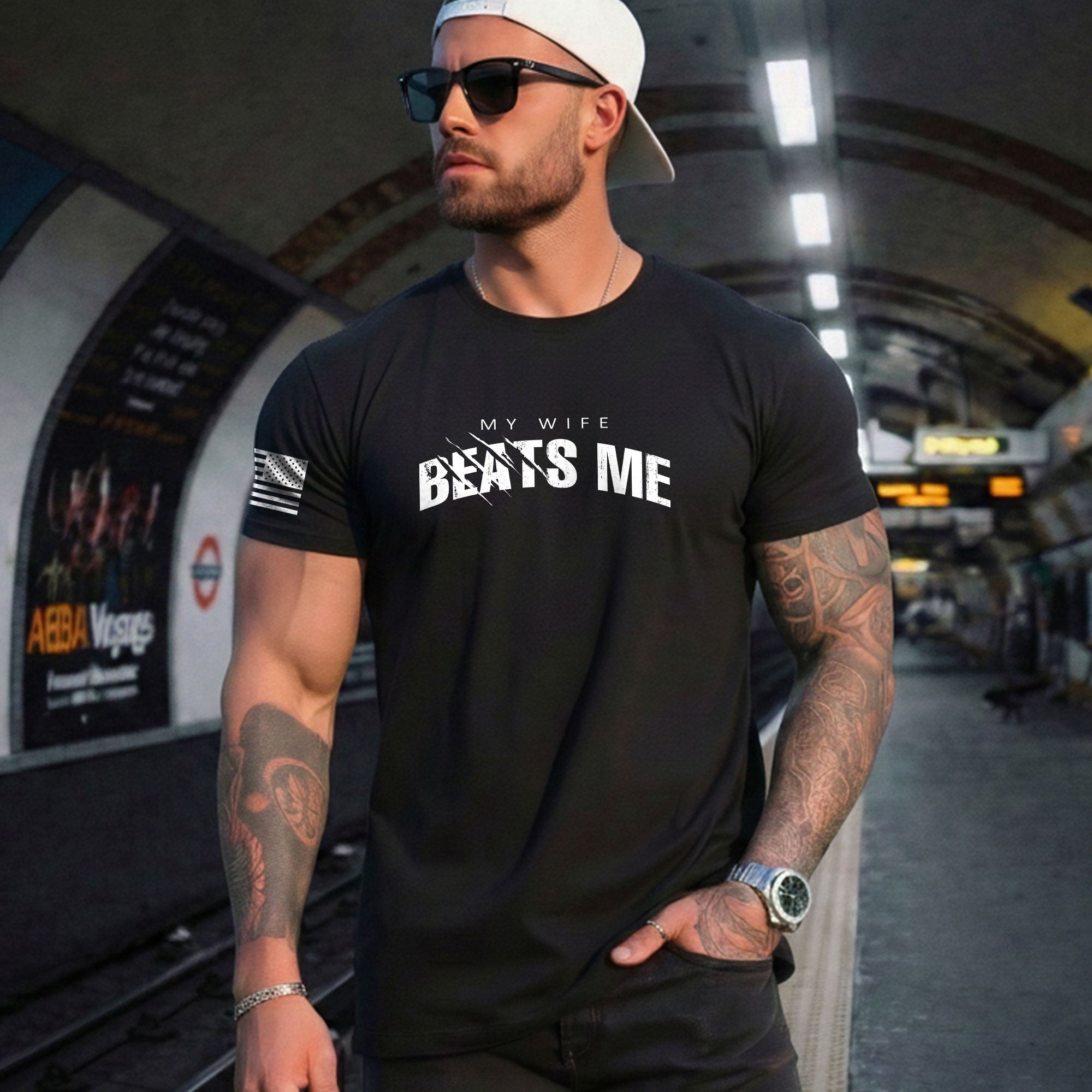 My Wife Beats Me Funny Joke Quote Men Distressed Graphic Shirt Casual Novelty Tops