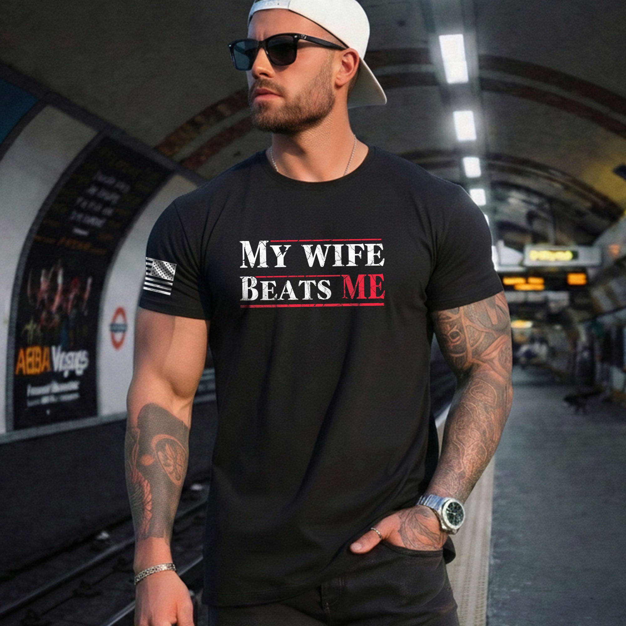 My Wife Beats Me Funny Joke Quote Men Red Accent Graphic Shirt Casual Novelty Tee