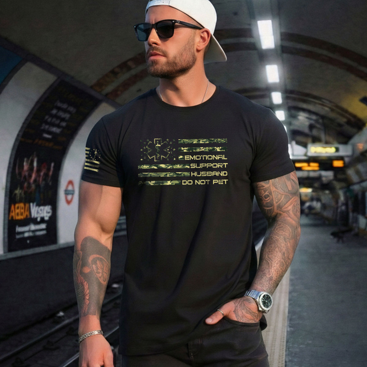 Sarcastic Emotional Support Husband Do Not Pet Camo Flag Tee Shirt Cotton Apparel