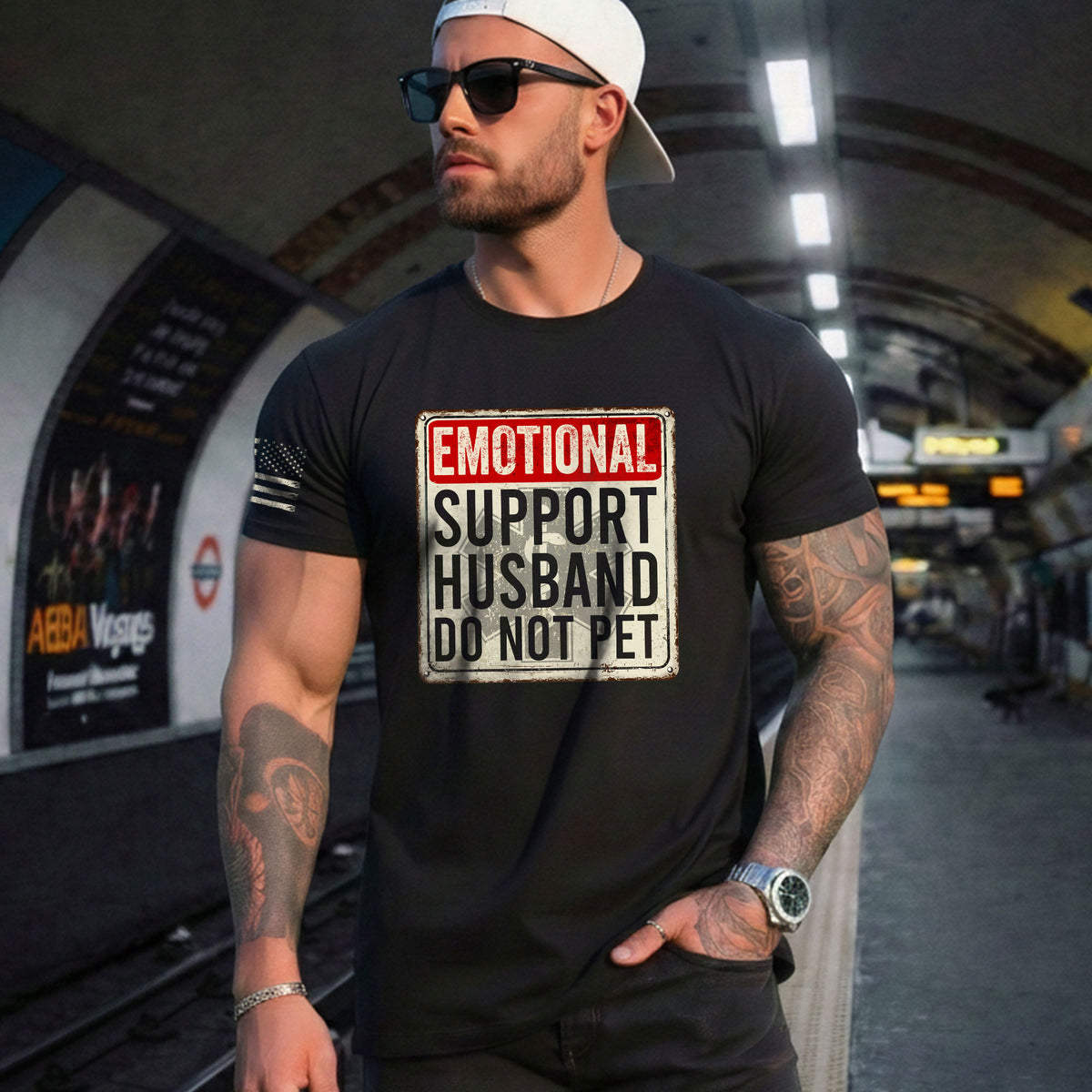 Humorous Emotional Support Husband Do Not Pet Warning Sign Tee Shirt Cotton Apparel
