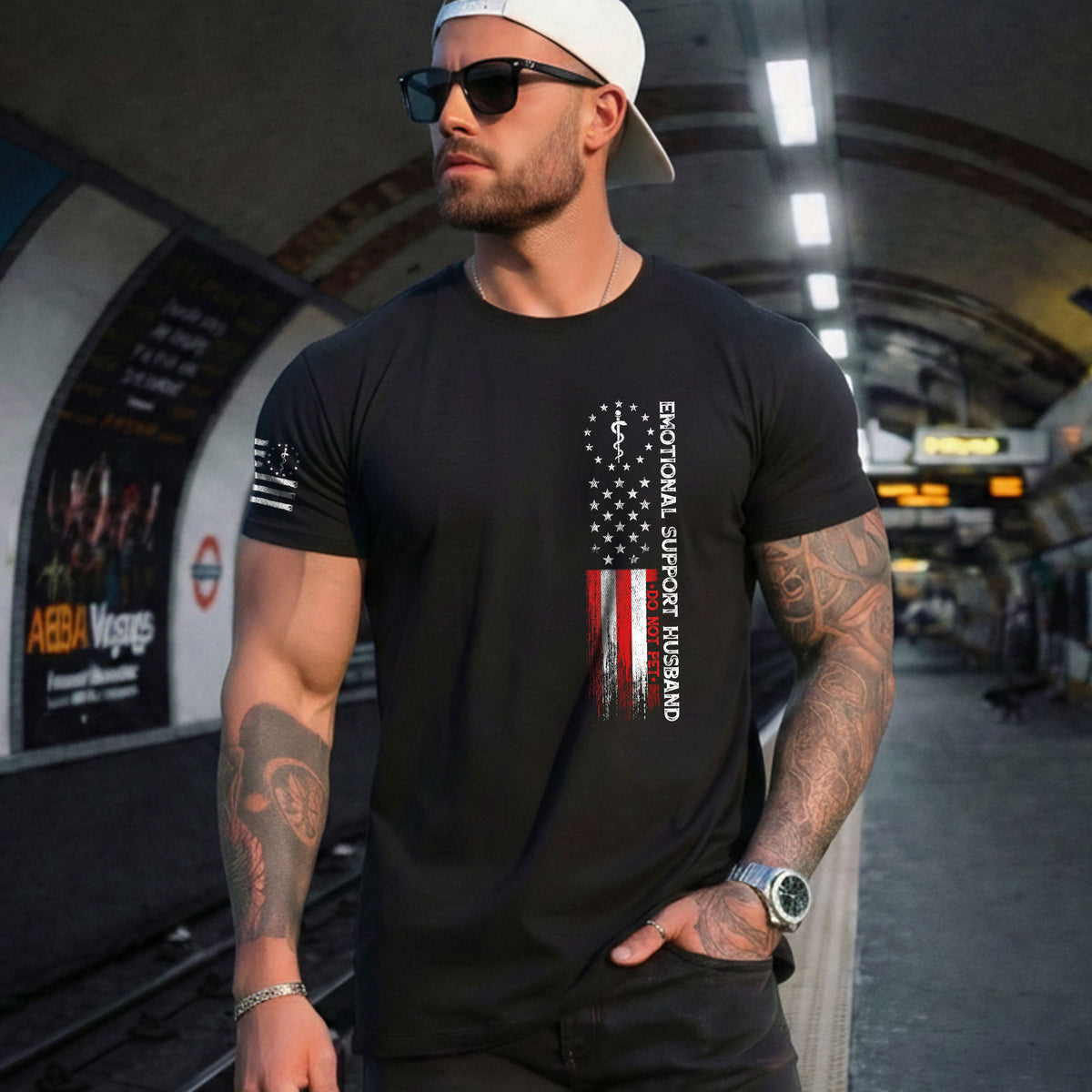 Comic Emotional Support Husband Do Not Pet Vertical Flag Tee Shirt Cotton Apparel