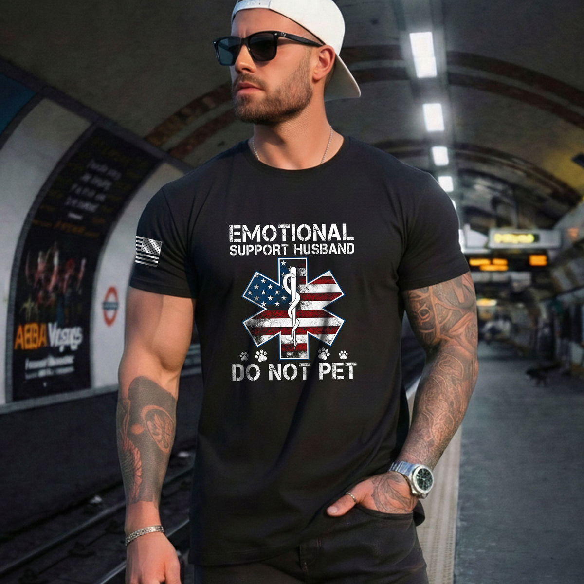 Funny Emotional Support Husband Do Not Pet Patriotic Flag Tee Shirt Cotton Outfit