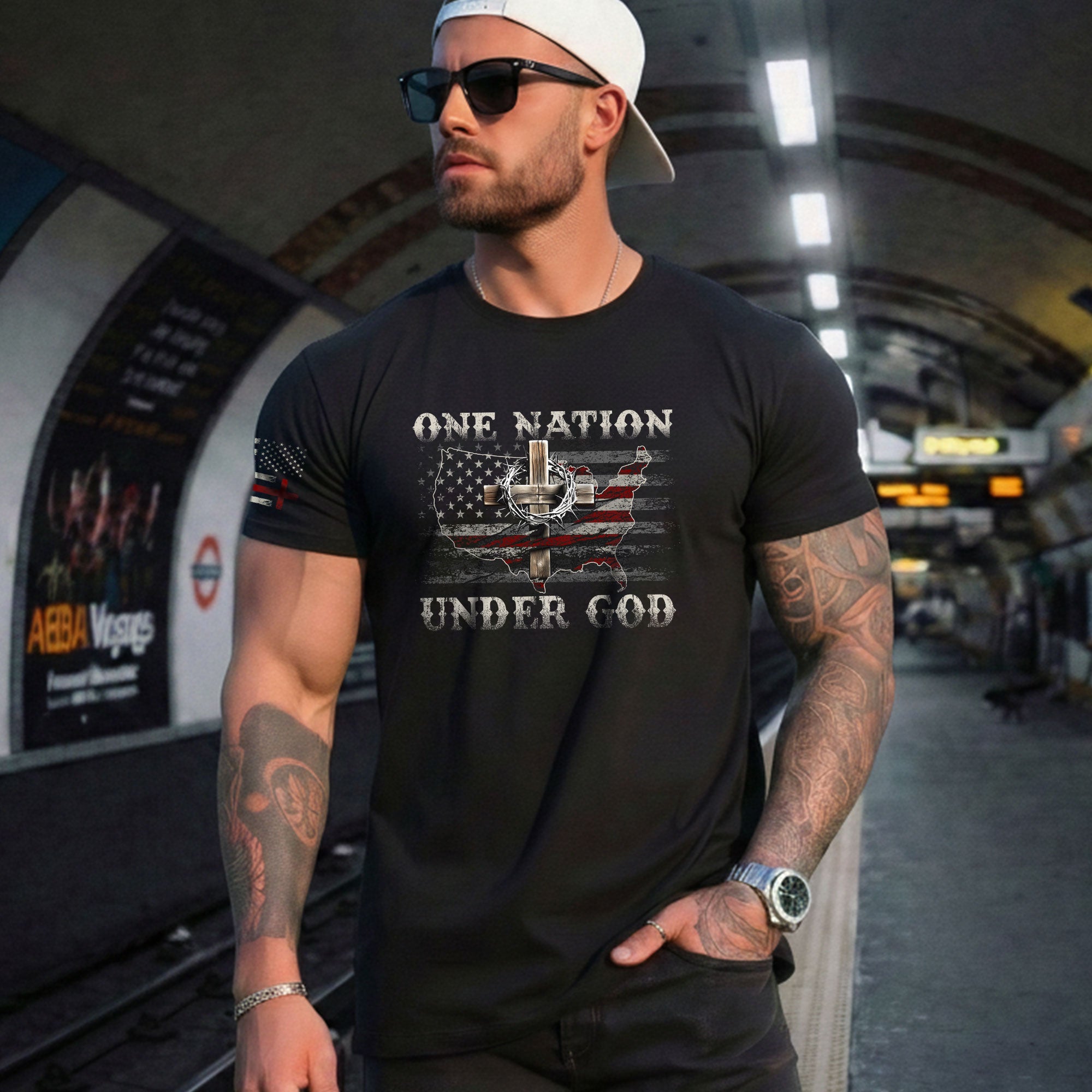 Christian Shirts for Men - One Nation Under God Christian American Flag, Christian Tee Shirts - Rust Field Wear