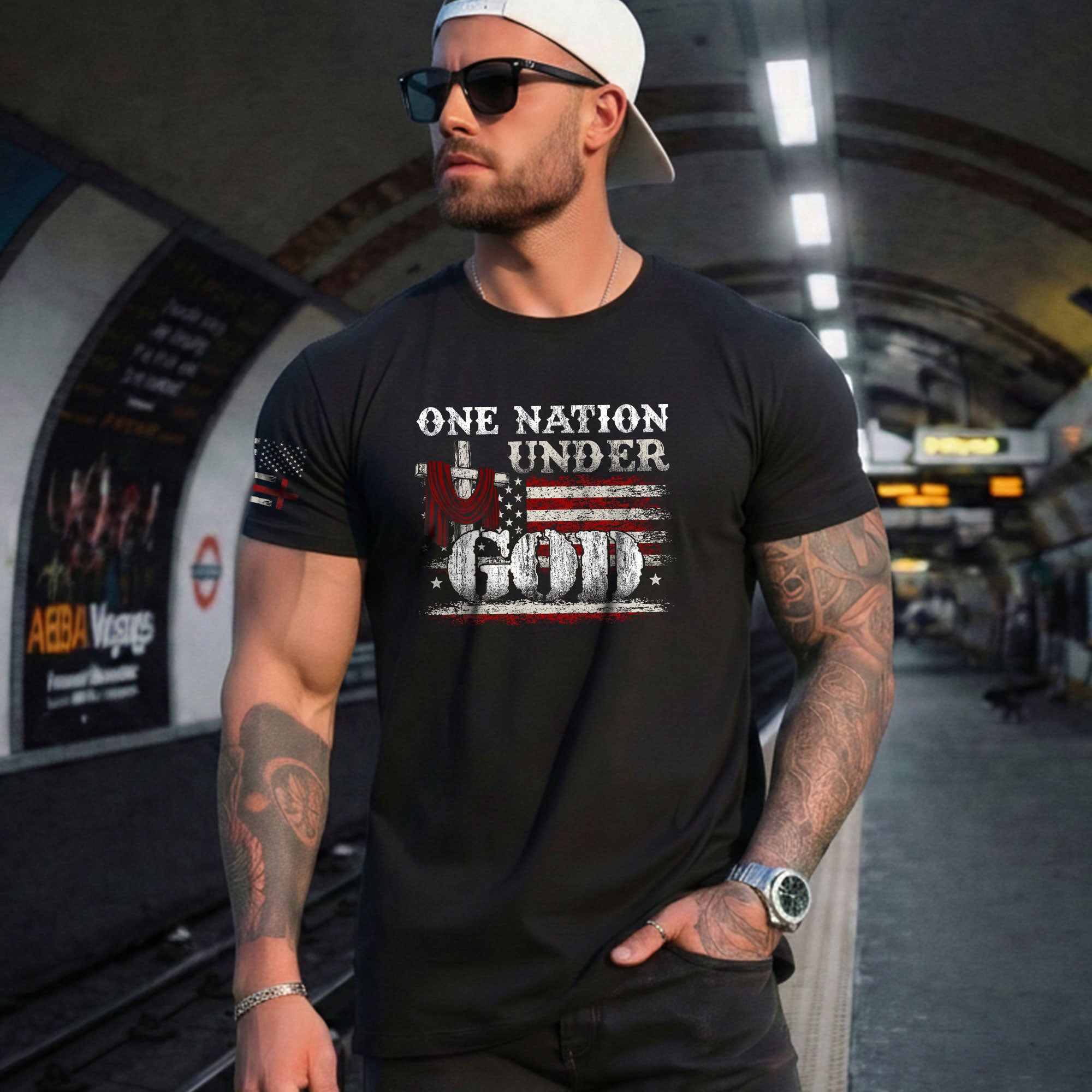 One Nation Under God Cross and American Flag, Christian Shirts for Men - Christian Tee Shirts - Rust Field Wear