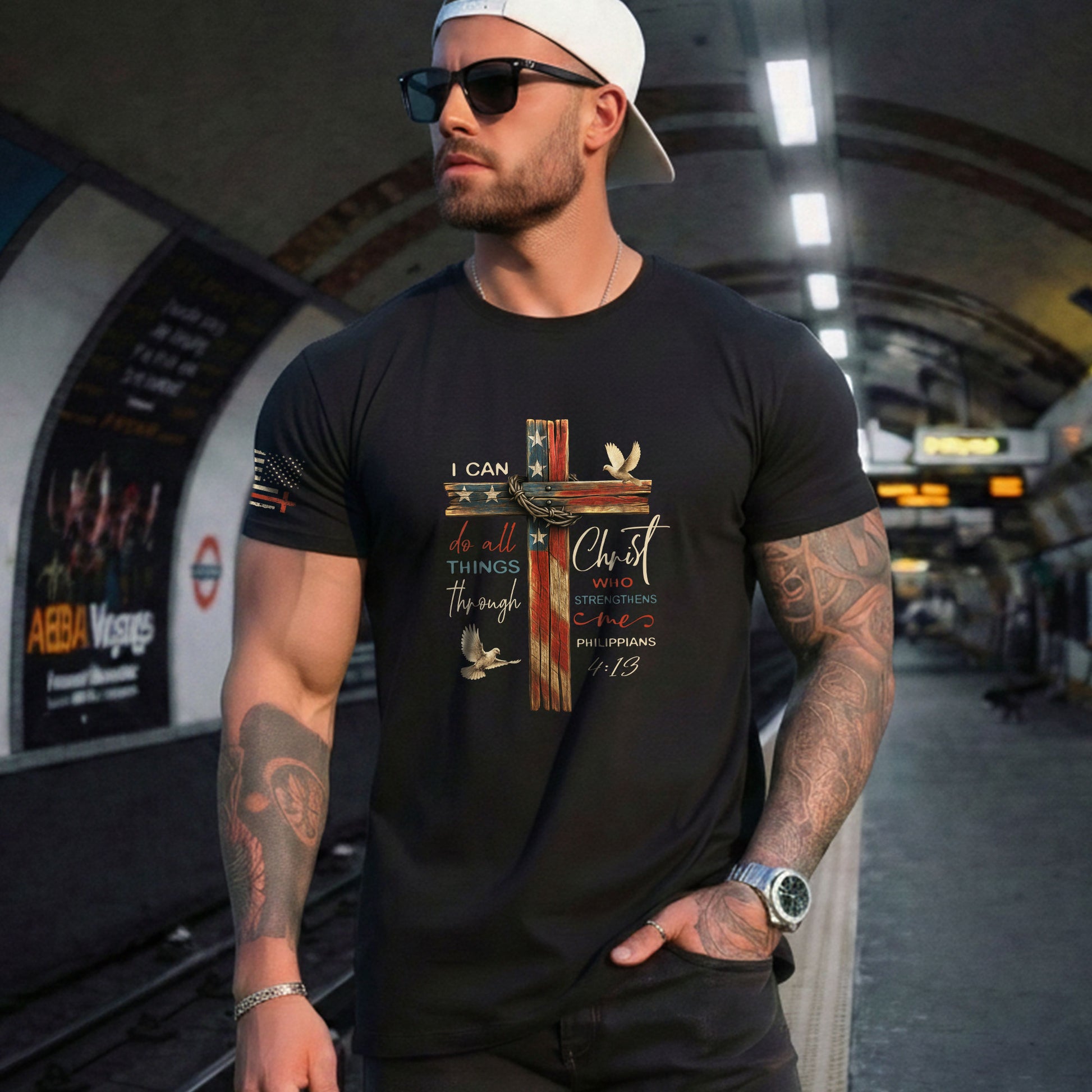 Philippians 4:13 I Can Do All Things Through Christ Flag Cross Christian - Christian Shirts for Men, Faith Based Christian Tee Shirts - Rust Field Wear