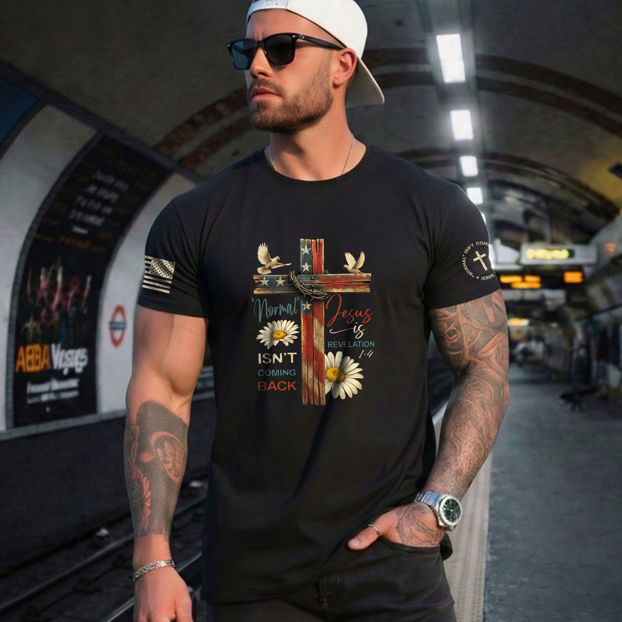 Normal Isn’t Coming Back Jesus Is , Revelation 1:4 Floral USA Flag Cross - Christian Tee Shirts, Christian Shirts for Men - Rust Field Wear