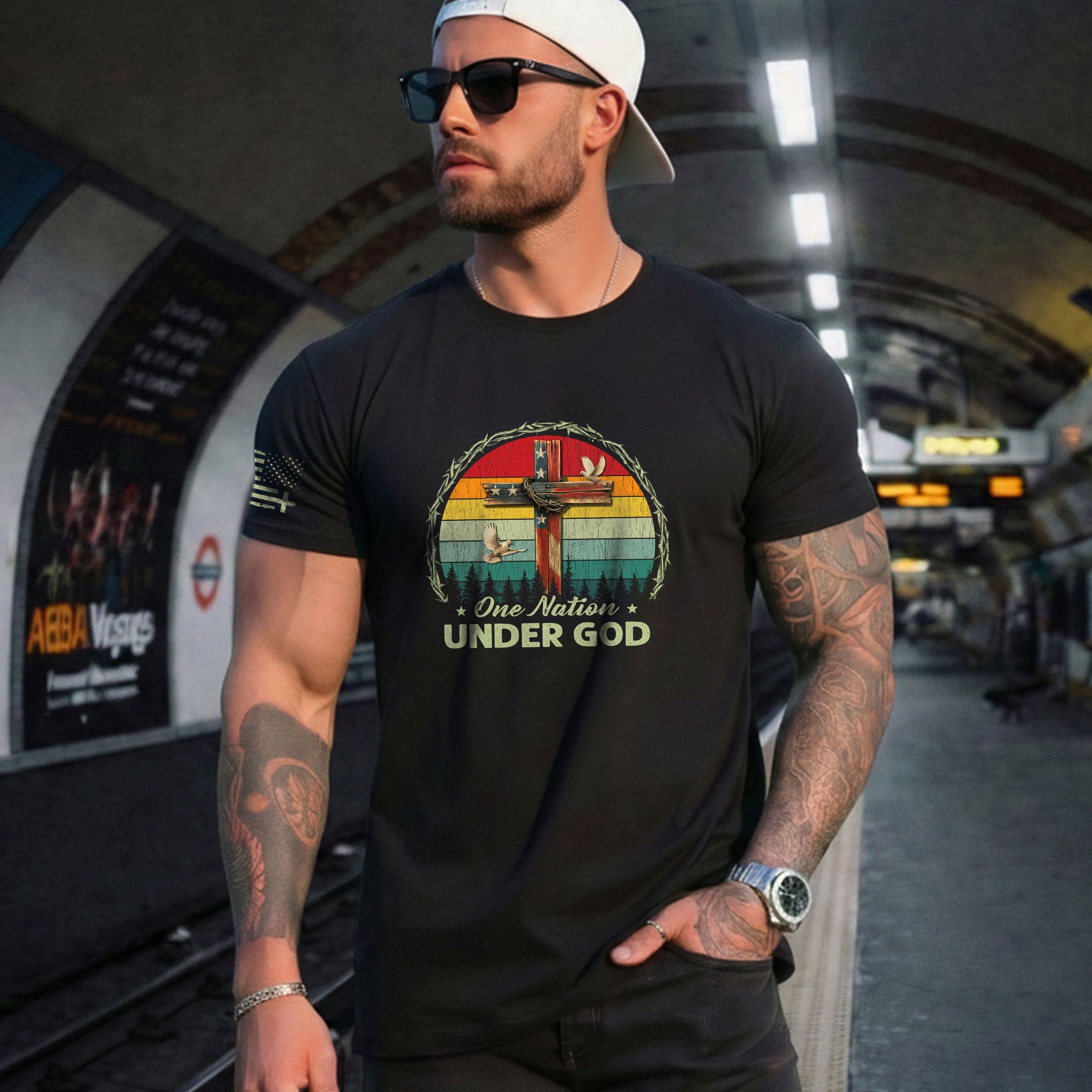 Christian Shirts for Men, One Nation Under God Retro Sunset Cross - Christian Tee Shirts - Rust Field Wear