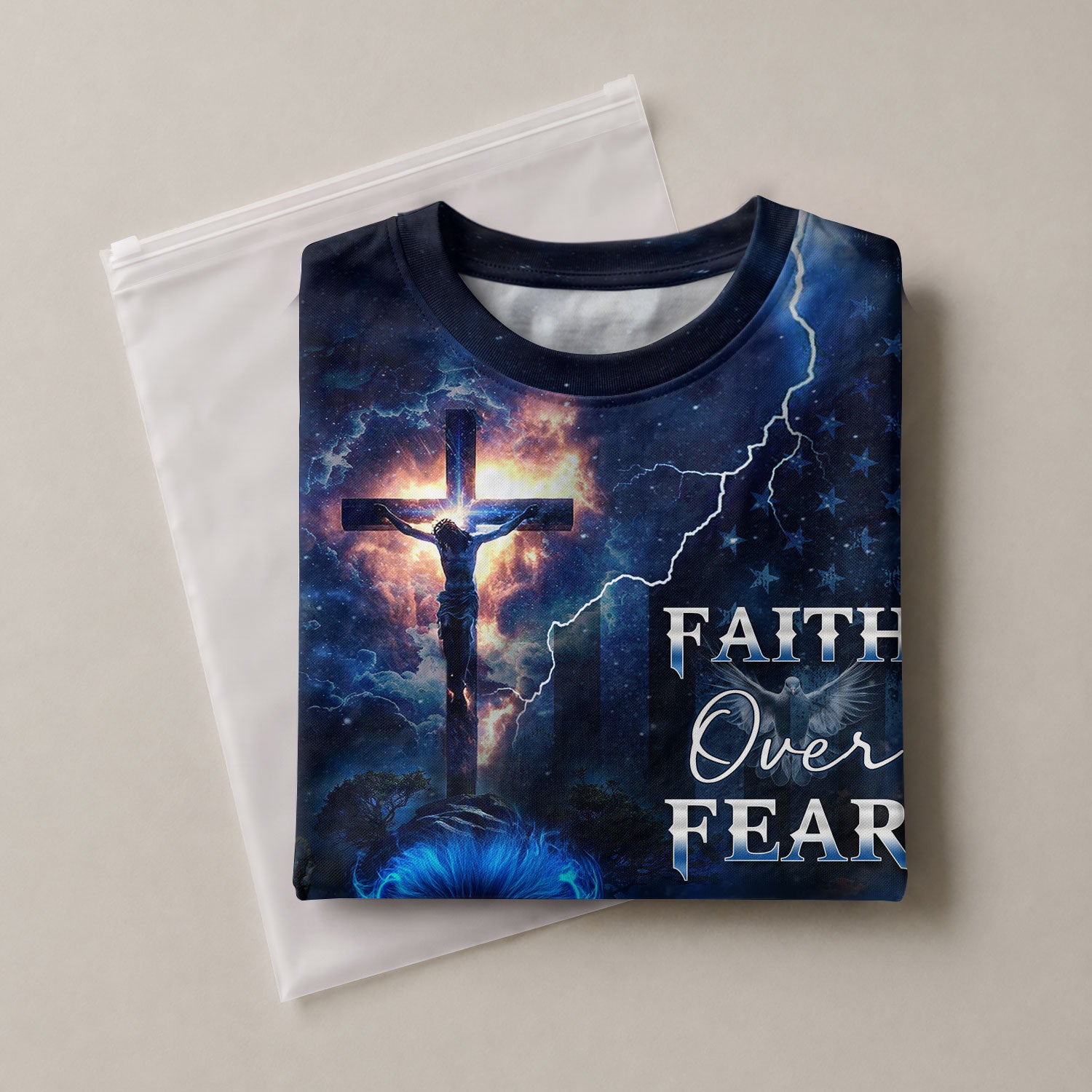Faith Over Fear Fire Lion And Crucifixion - Christian Tee Shirts for Men, Freedom Shirts, RustField Co - Rust Field Wear