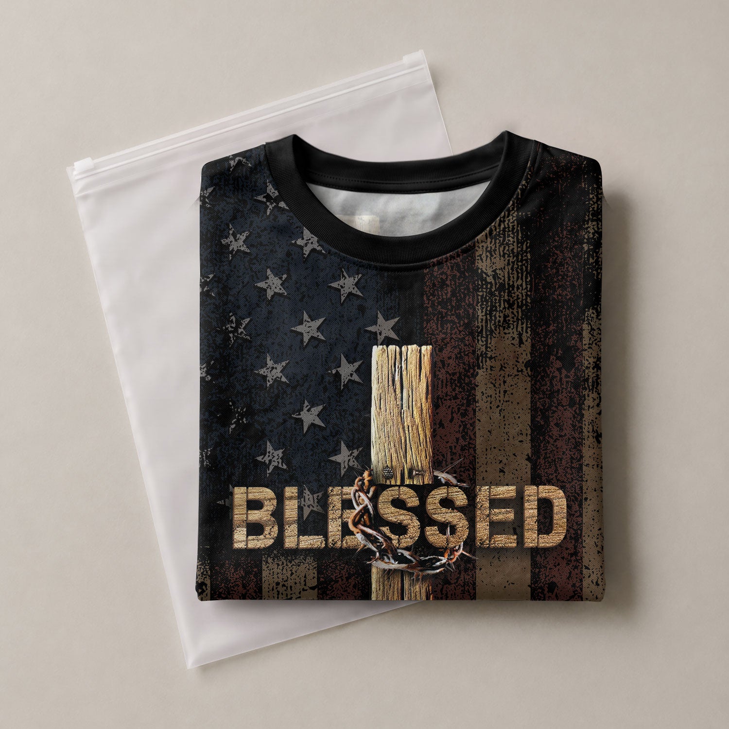 Christian Tee Shirts, BLESSED Cross and Crown of Thorns Patriotic - Freedom Shirts for Men, RustField Co - Rust Field Wear