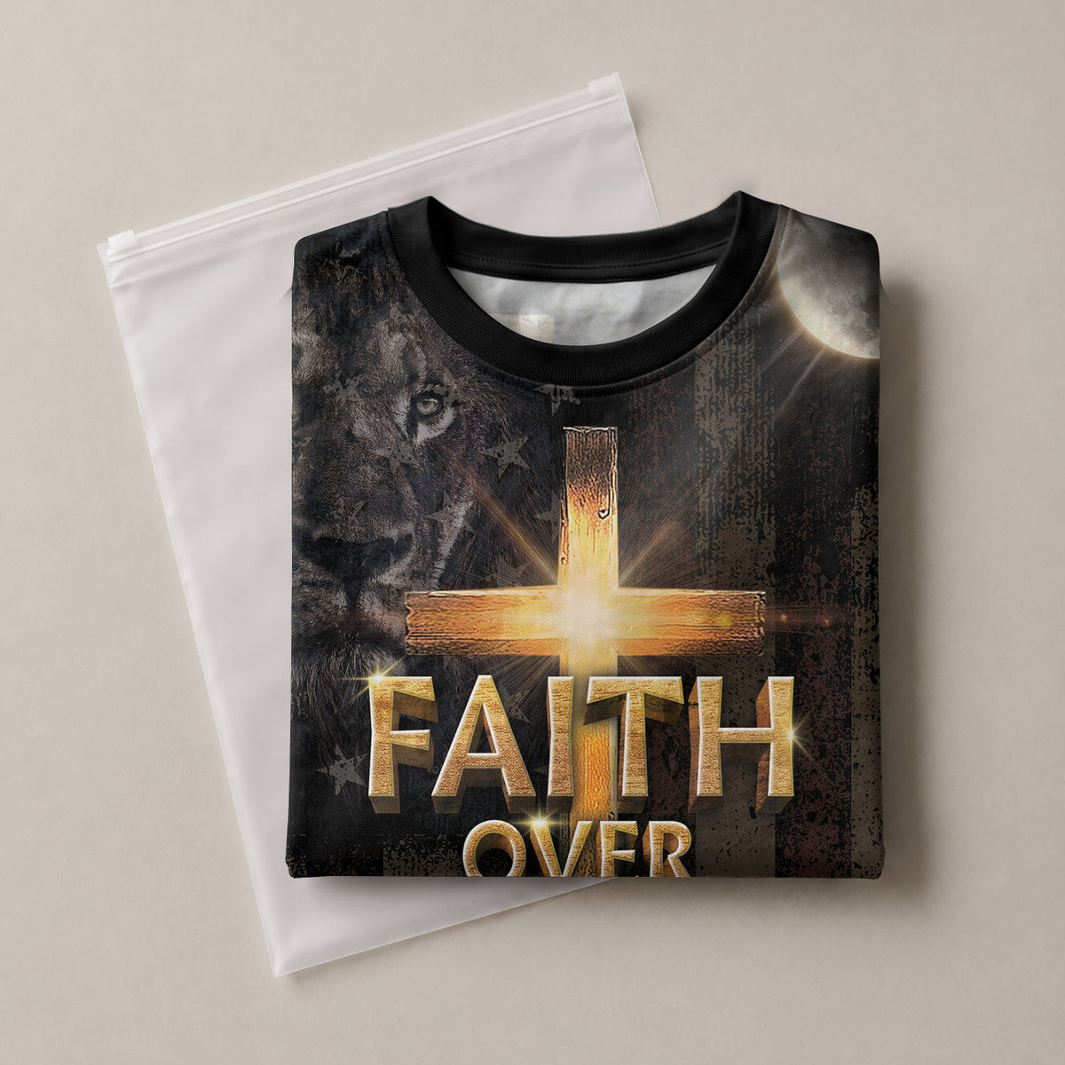 RustField Co Freedom Shirts - Faith Over Fear Cross of Light and Warrior Lion, Christian Tee Shirts for Men - Rust Field Wear