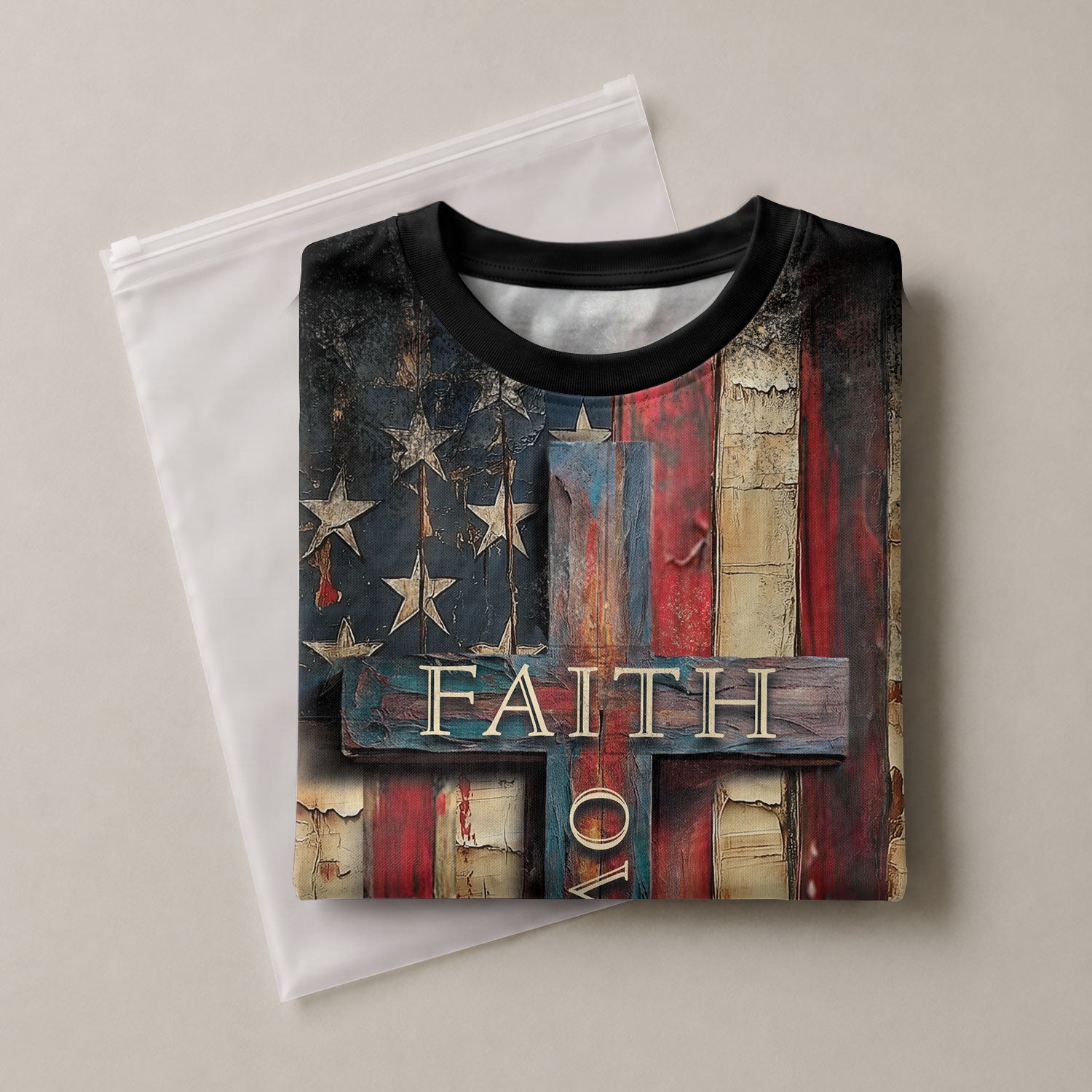 Christian Tee Shirts for Men - Faith Over Fear Cross Rustic American Flag, RustField Co Freedom Shirts - Rust Field Wear
