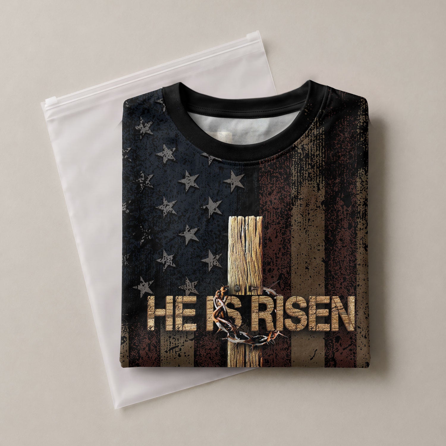 RustField Co Freedom Shirts - HE IS RISEN Cross and Resurrection Patriotic, Christian Tee Shirts for Men - Rust Field Wear